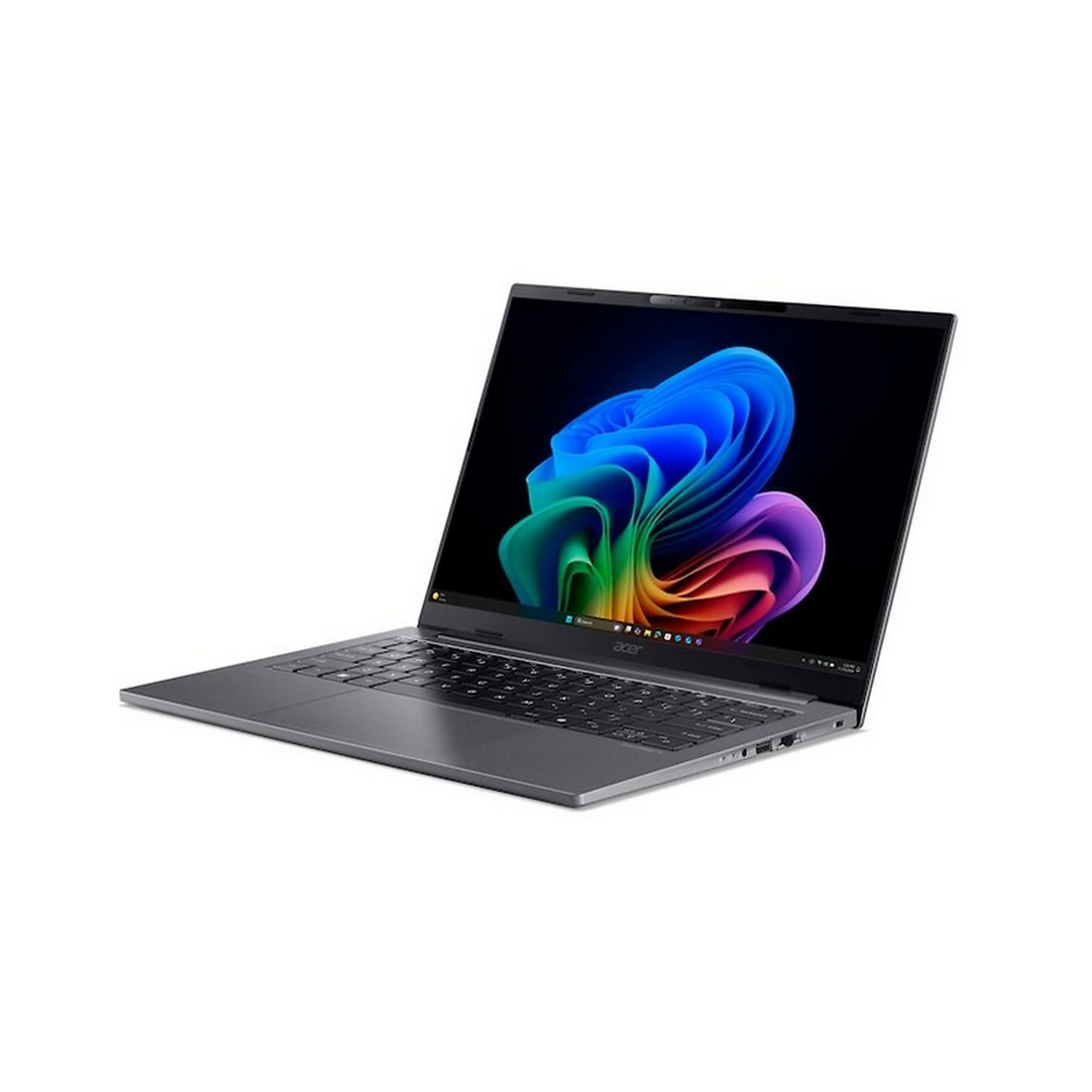 Un laptop Acer grigio è aperto. Lo schermo mostra un vortice astratto e colorato su sfondo nero. Sfondo bianco.