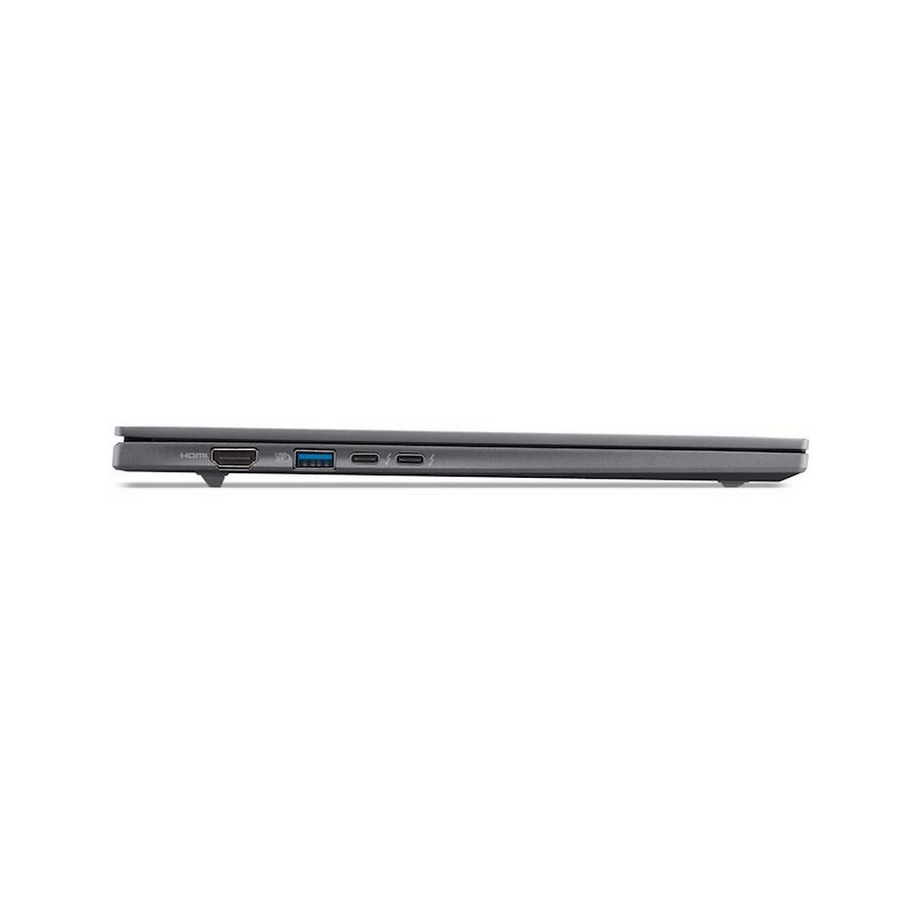 Vista laterale di un laptop grigio. Le porte visibili includono HDMI, USB e una porta di ricarica.