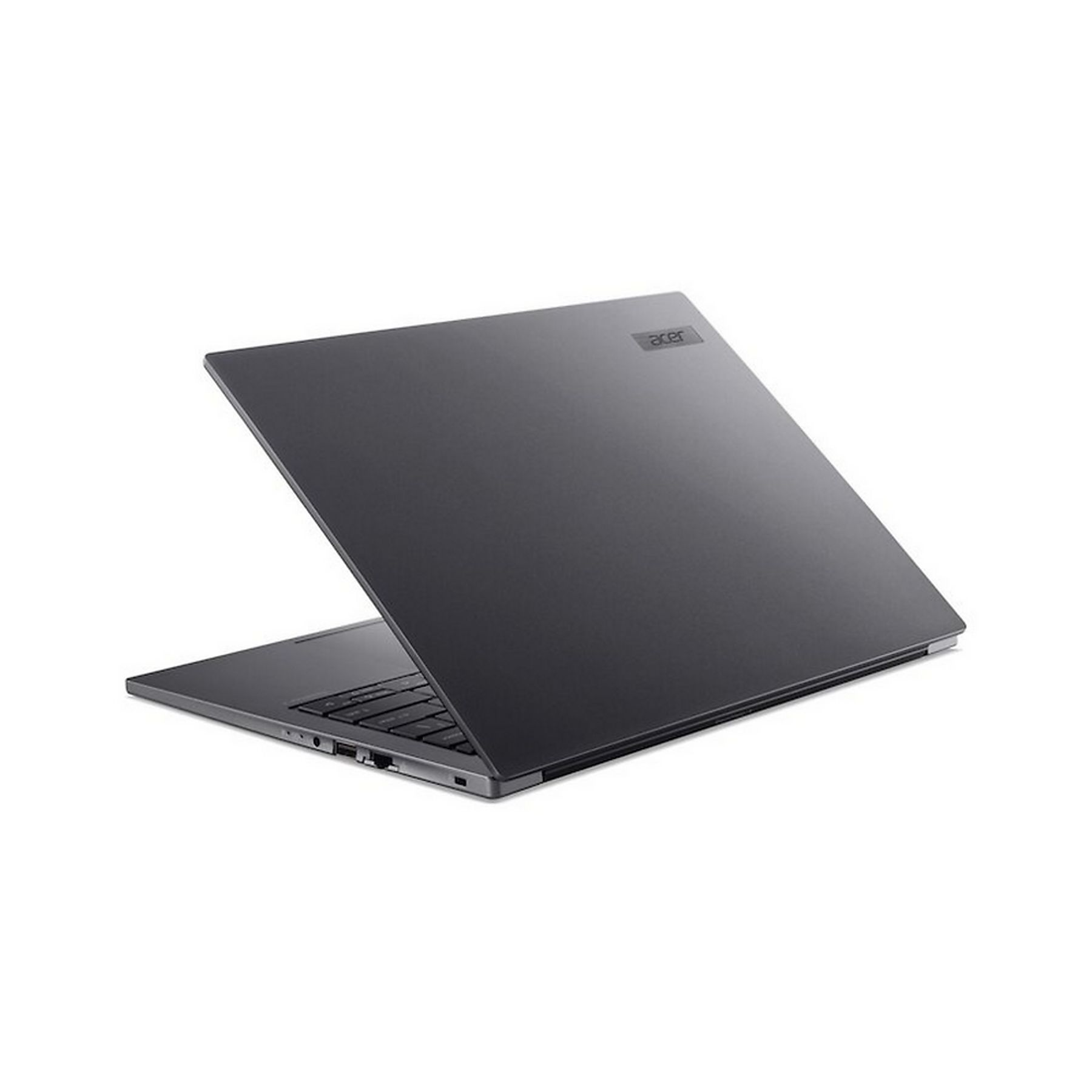 Un laptop Acer grigio scuro è aperto, mostrando la tastiera e lo schermo. Il logo Acer è visibile.