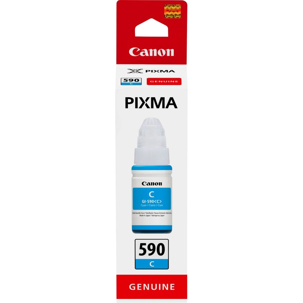 Een Canon Pixma inktfles, cyaan kleur. De verpakking heeft het Canon logo en productdetails, inclusief '590 C' en 'Echt'.