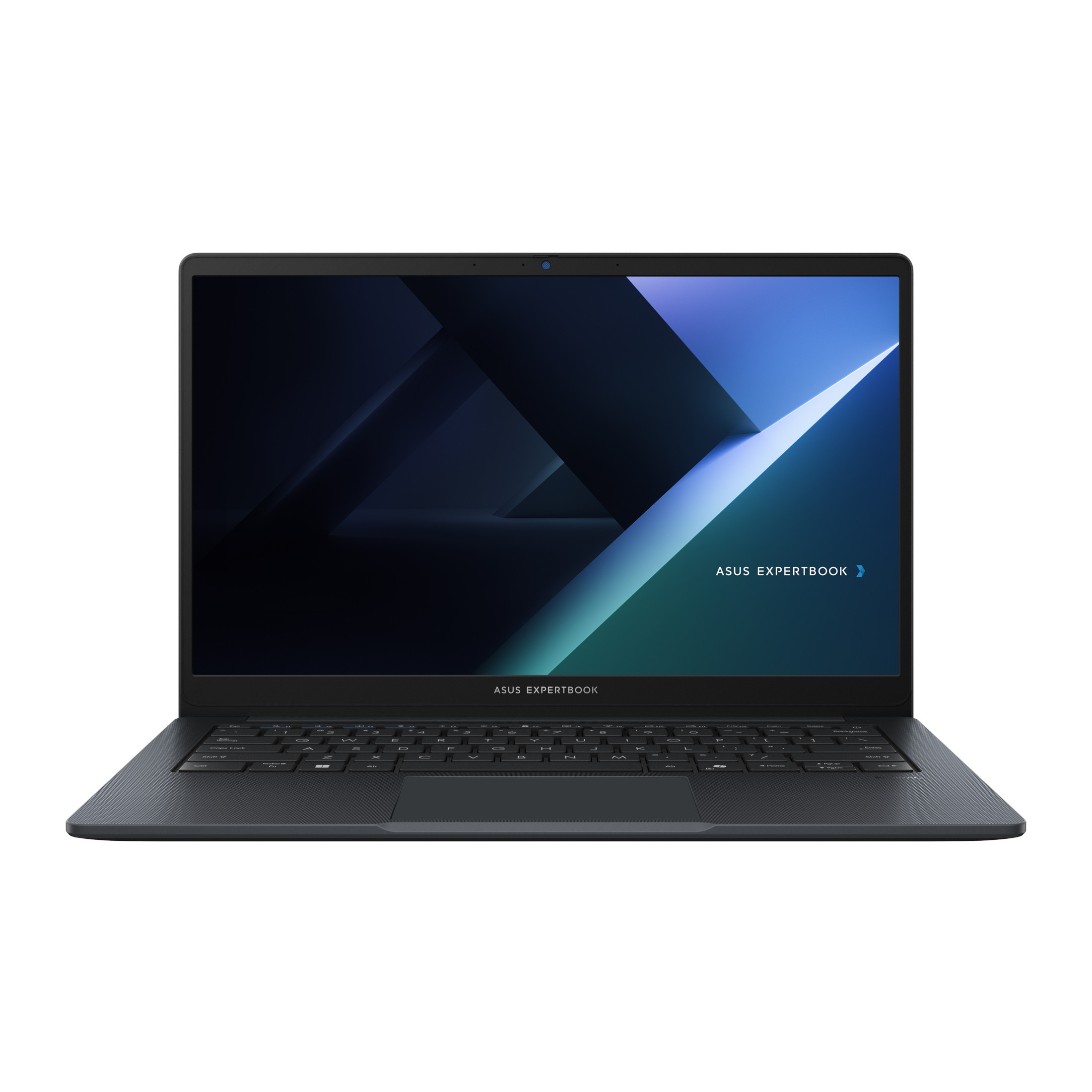 Dunkelgrauer ASUS ExpertBook Laptop. Der Bildschirm zeigt ein blaues und schwarzes abstraktes Bild. Tastatur sichtbar.