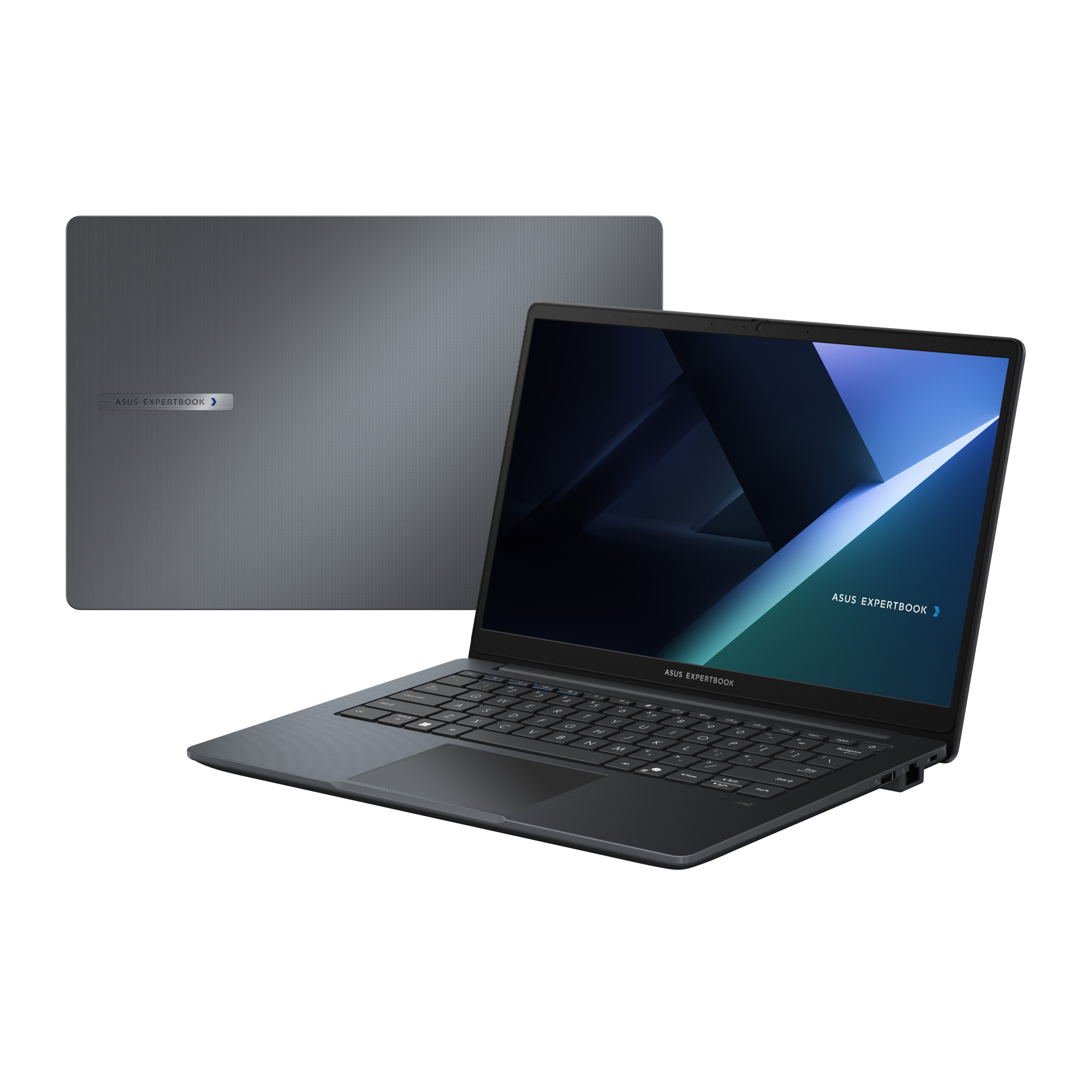Ein dunkelgrauer Laptop wird mit geöffnetem Deckel angezeigt, der eine Tastatur und einen Bildschirm zeigt. Ein zweiter Laptop befindet sich dahinter.