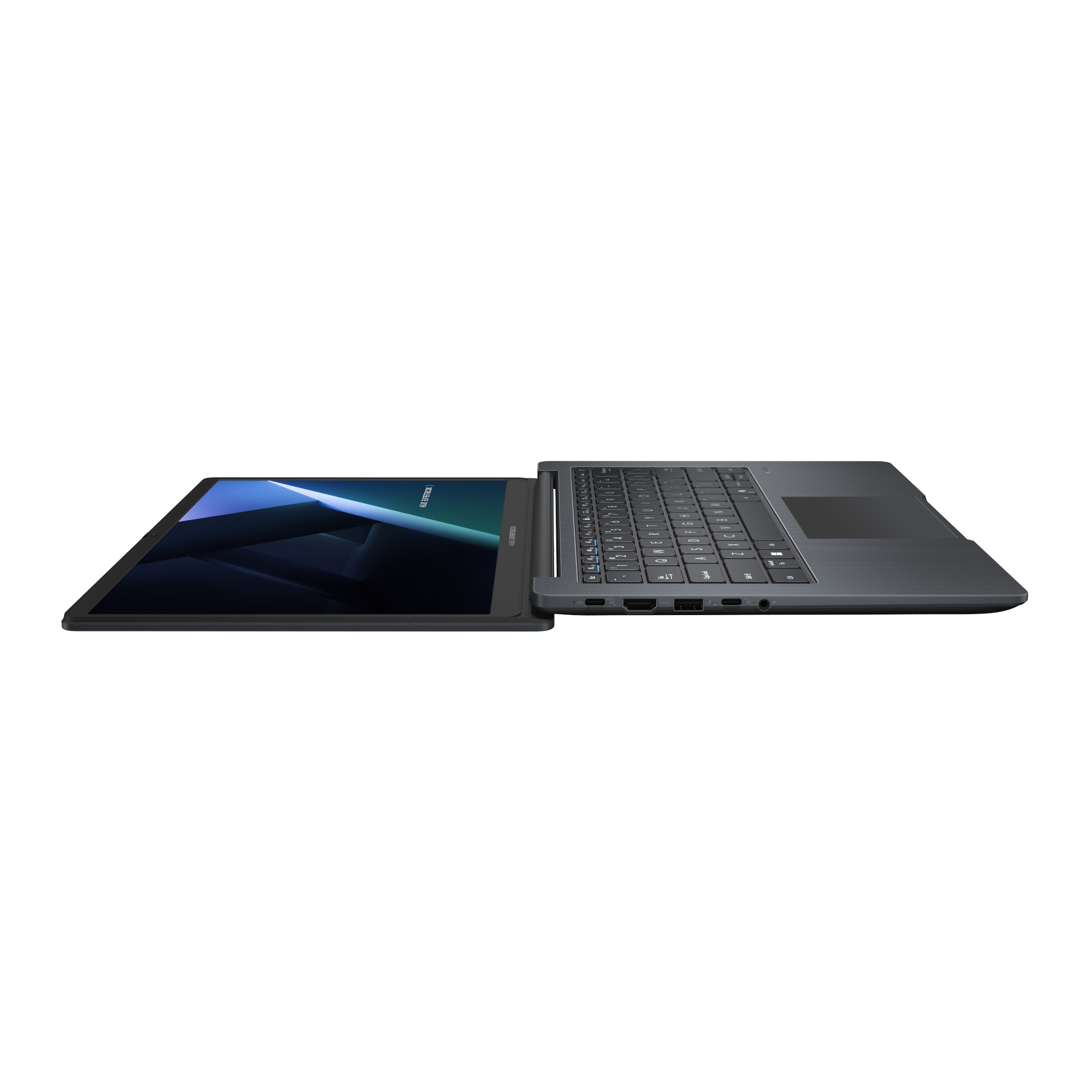 Ein Laptop mit offenem Bildschirm. Der Bildschirm ist schwarz mit blauem Design. Eine Tastatur ist befestigt.