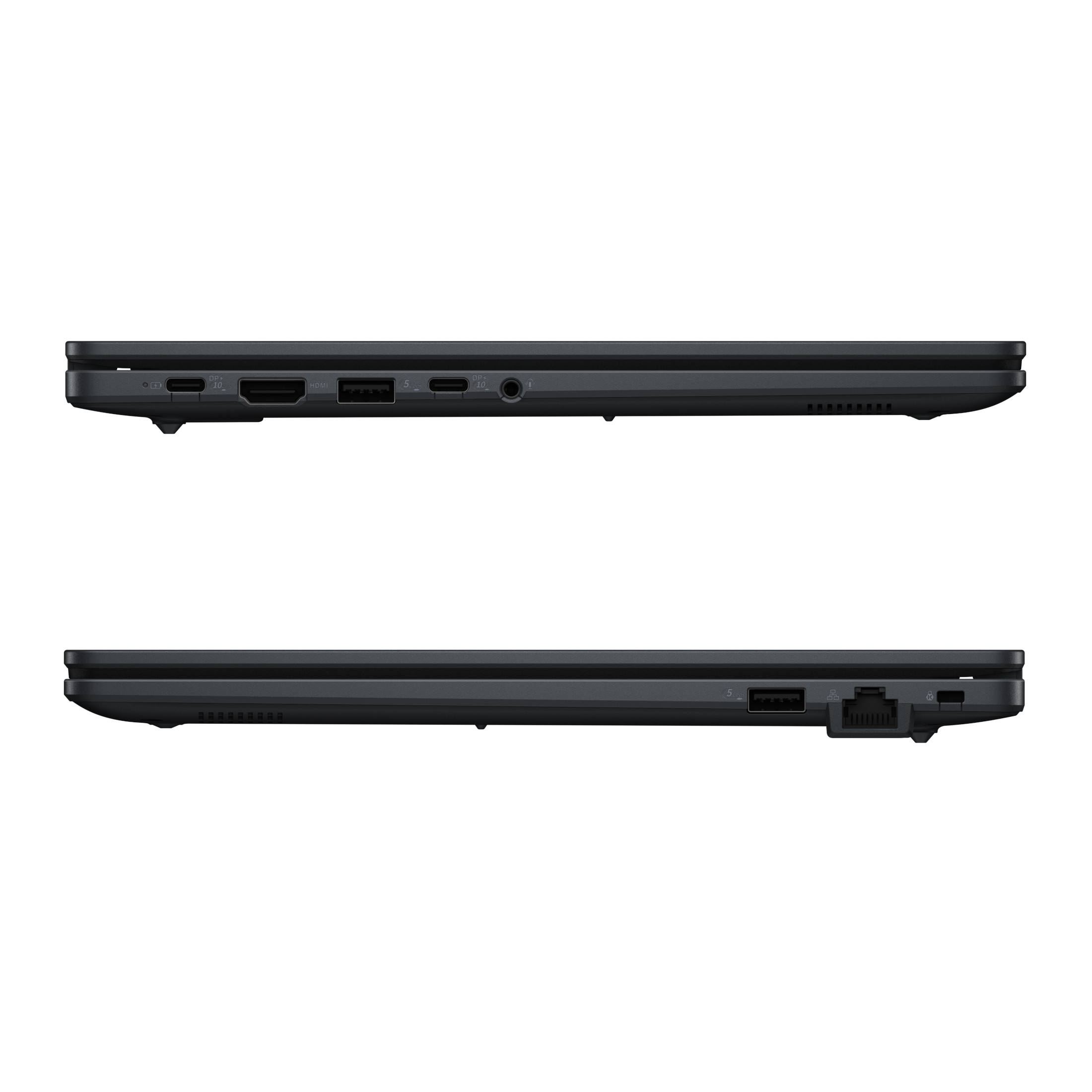 Zwei schwarze Laptops in Seitenansicht, die Anschlüsse und Kanten zeigen, auf weißem Hintergrund platziert.