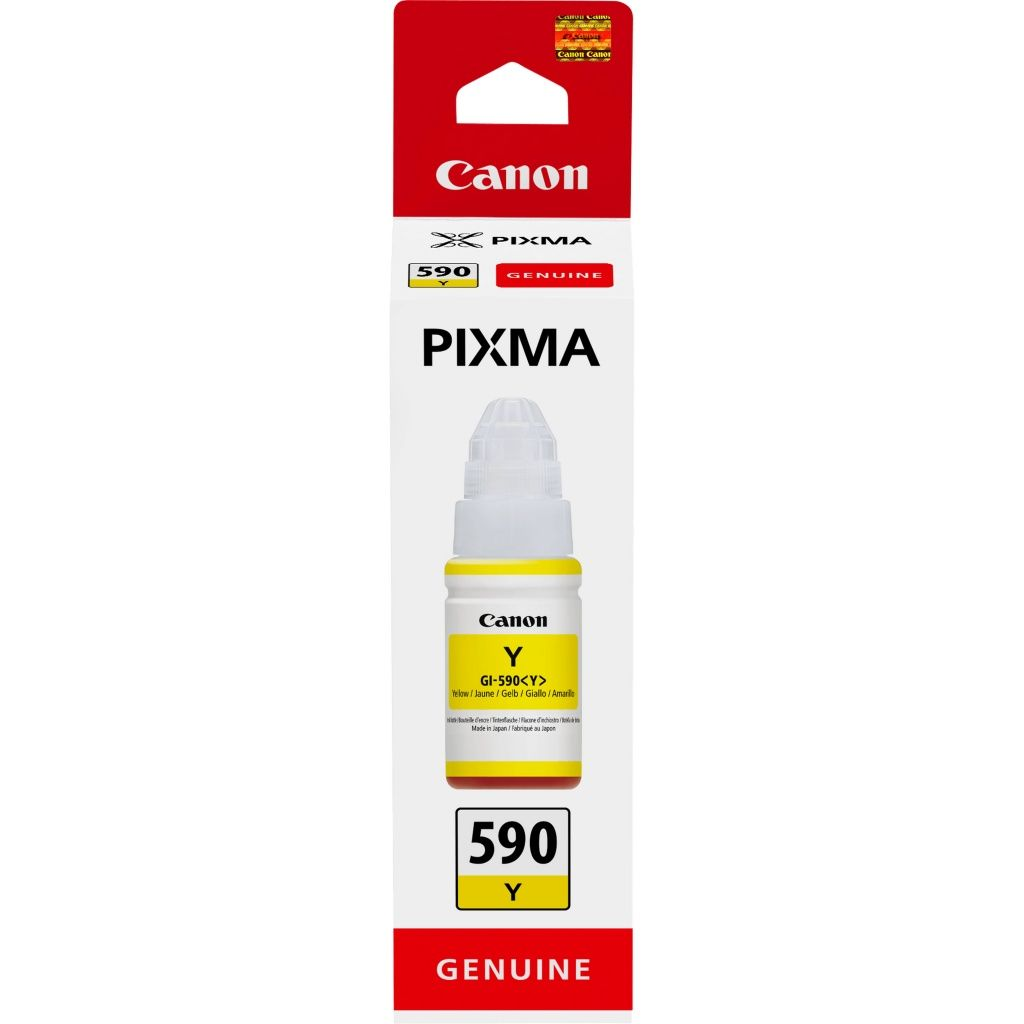 Een gele Canon Pixma GI-590Y inktfles is gecentreerd. De verpakking is wit met rode accenten. De fles is geel.