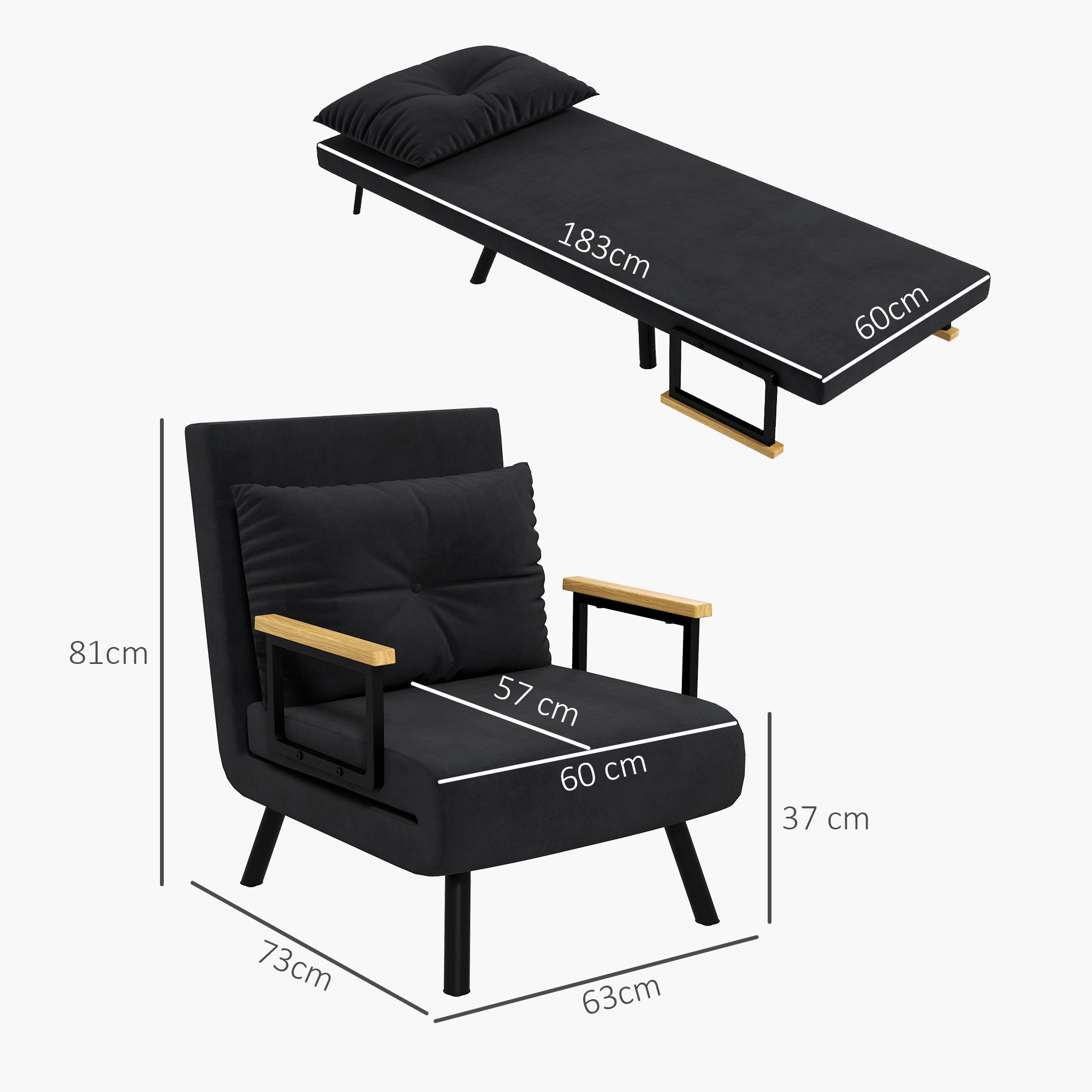 Un divano letto nero e un letto simile aperto, con dimensioni indicate. Entrambi hanno telai e cuscini neri.