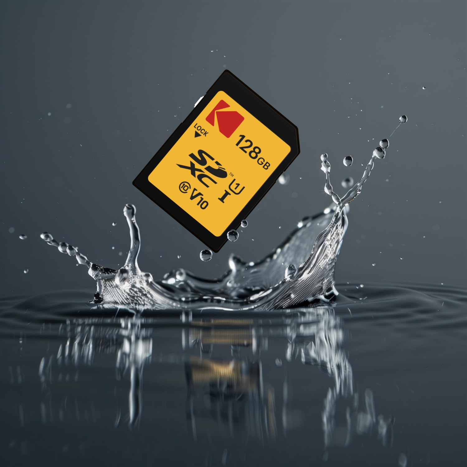 Eine gelb-schwarze SD-Karte mit 128 GB Kapazität schwebt über Wasser. Wasserspritzer sind sichtbar, mit Tröpfchen und Reflexionen.