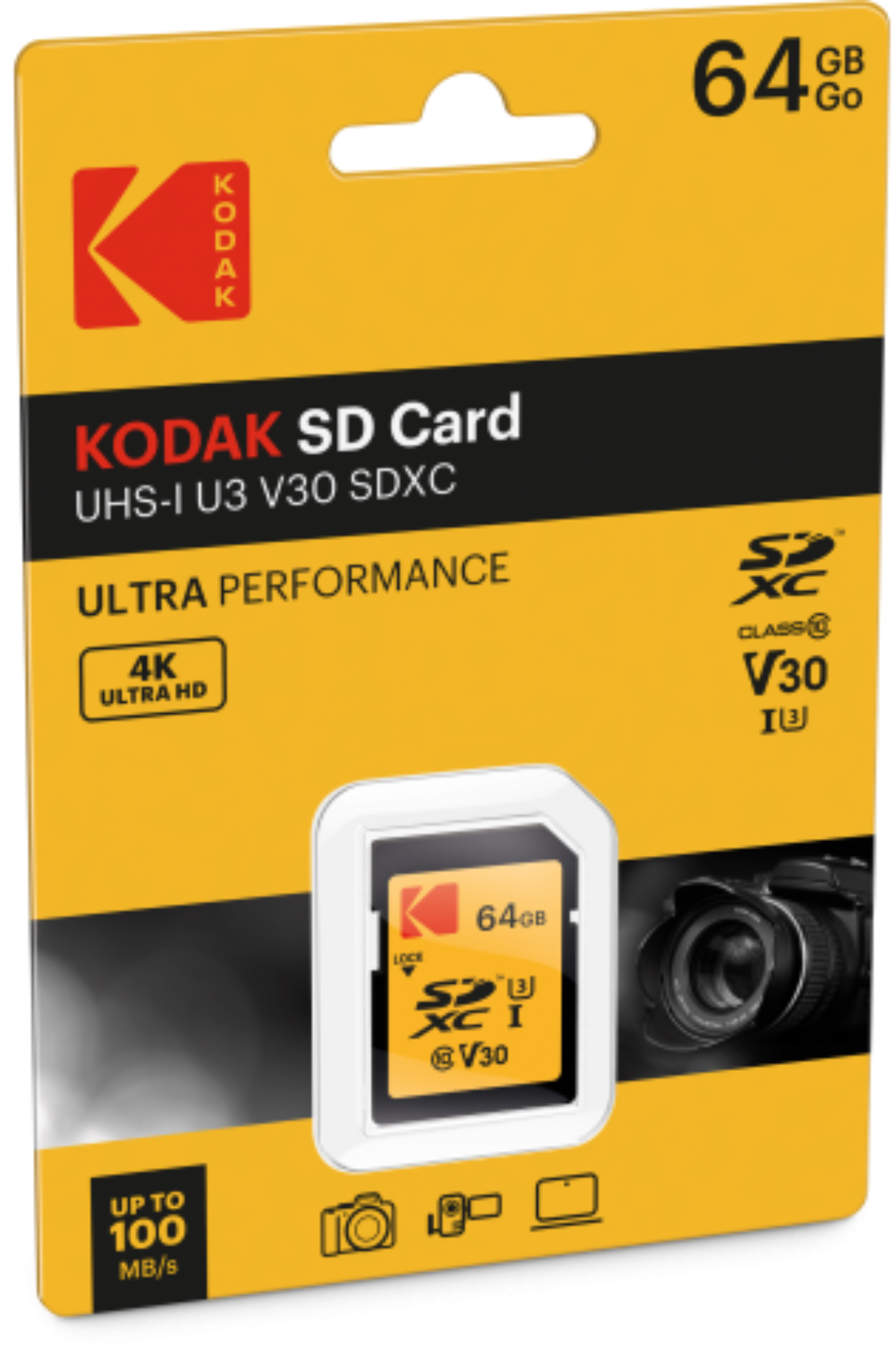 Eine Kodak SD-Kartenverpackung. Gelb und schwarz mit Text: Kodak SD-Karte, 64GB, 4K Ultra HD. Die Karte ist sichtbar.