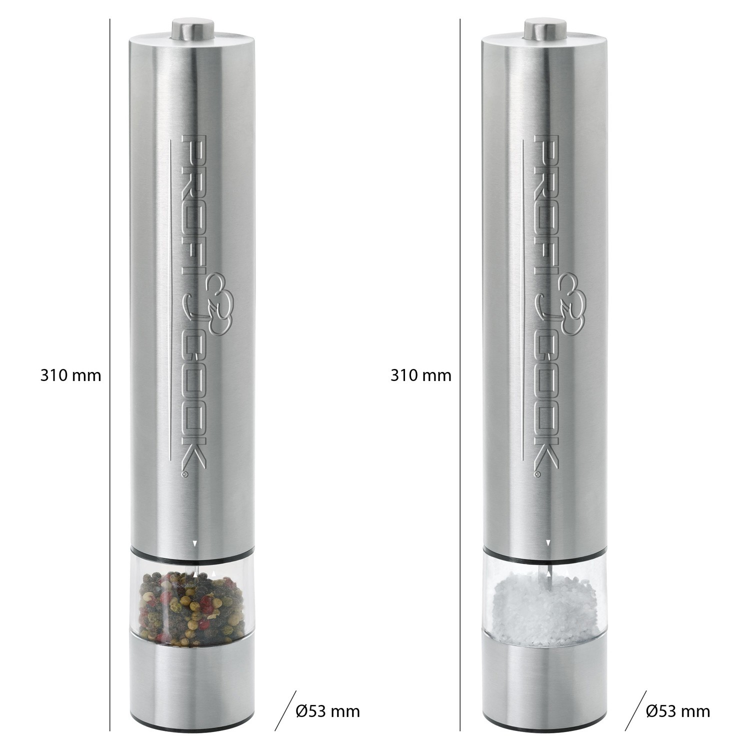 Dwa metalowe młynki do soli i pieprzu. Jeden z ziarnami pieprzu, drugi z solą. Każdy ma 310 mm wysokości i 53 mm szerokości.