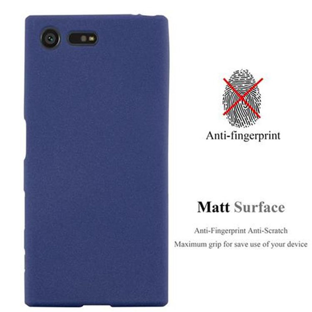 Una custodia per telefono blu scuro. Testo: Anti-impronta, superficie opaca, antigraffio e massima presa.