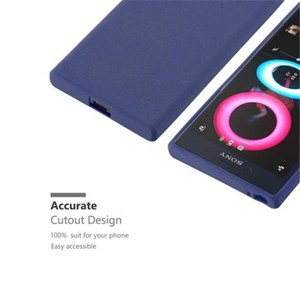 Un telefono e una custodia blu scuro. Lo schermo mostra un cerchio rosa e blu. Testo: 'Accurate Cutout Design'.