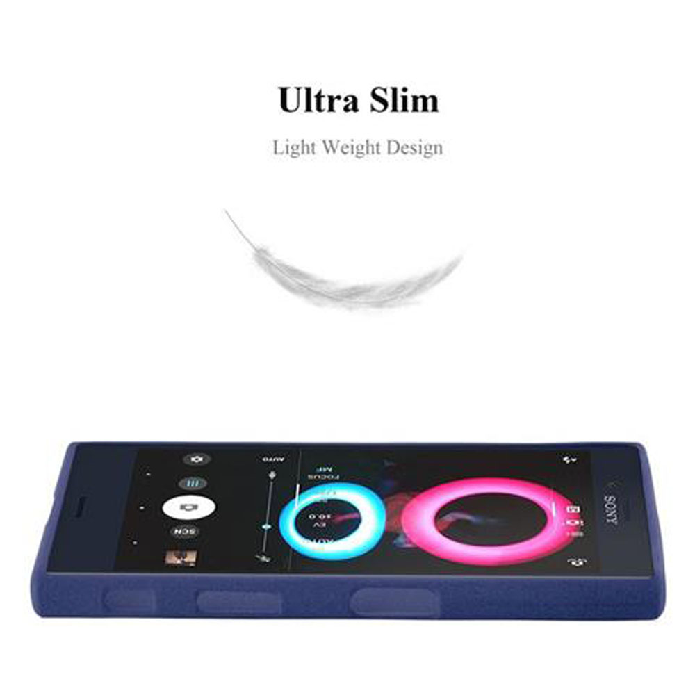 Un telefono blu su sfondo bianco, con una piuma e testo 'Ultra Slim'. Il telefono mostra l'interfaccia della fotocamera con cerchi di messa a fuoco.