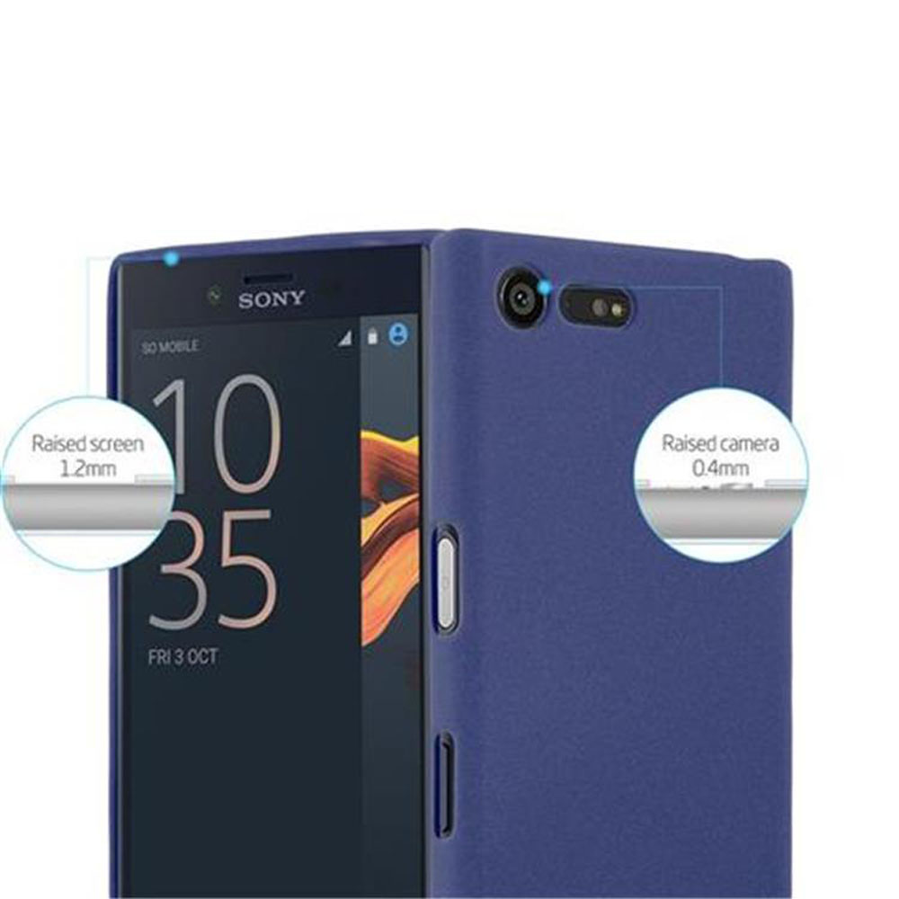 Una custodia blu con un telefono dentro. Il telefono mostra l'ora 10:35. Lo schermo rialzato è di 1,2 mm e la fotocamera di 0,4 mm.