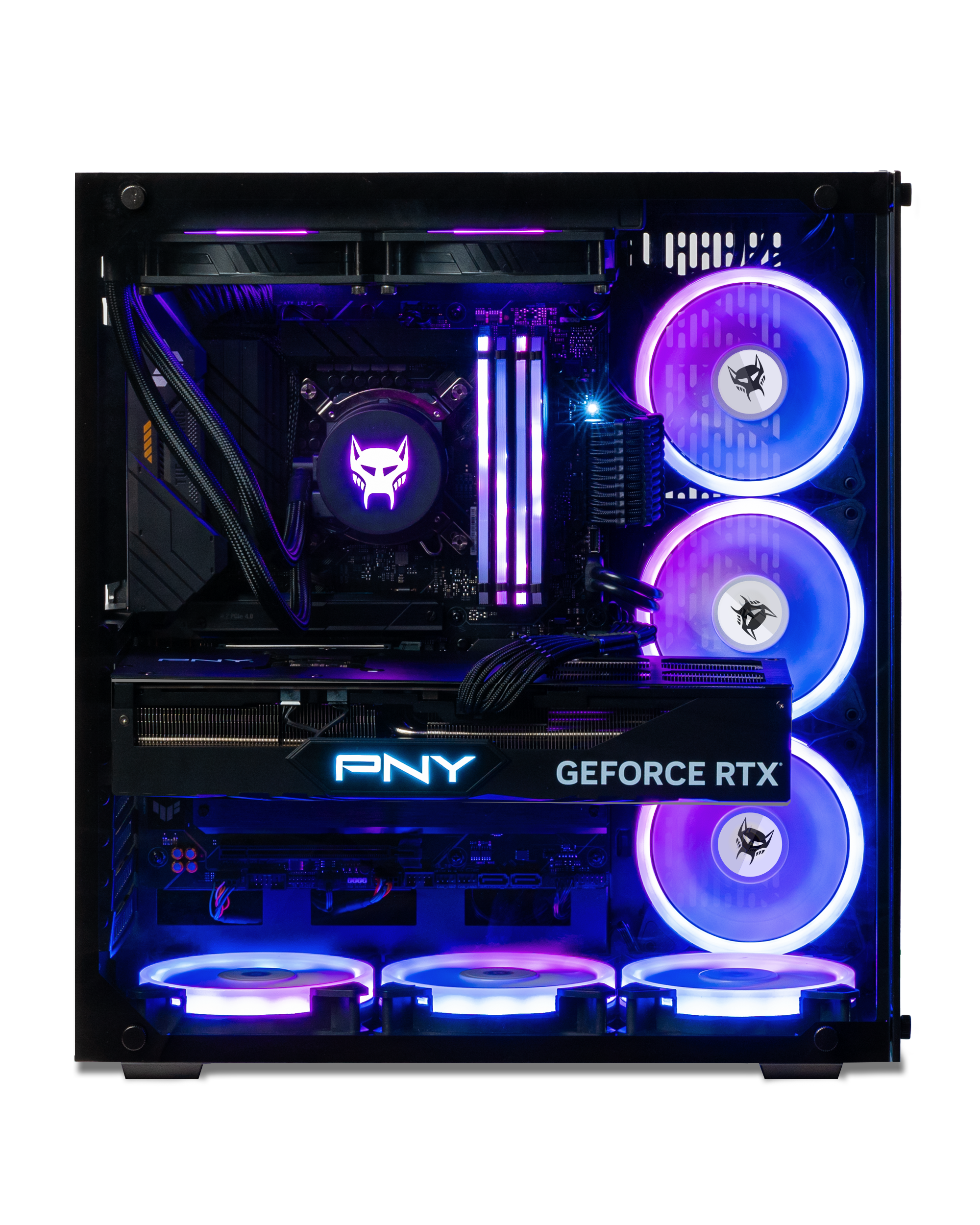 Ein Computergehäuse mit internen Komponenten, die von violetten und blauen Lichtern beleuchtet werden. Enthält eine Grafikkarte und Lüfter.