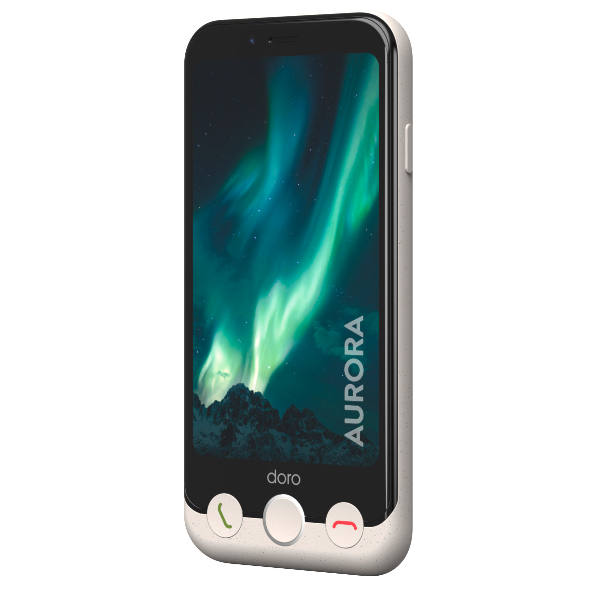 Smartfon z ekranem wyświetlającym zorzę polarną. Telefon jest biały z czarnym ekranem i napisem AURORA.