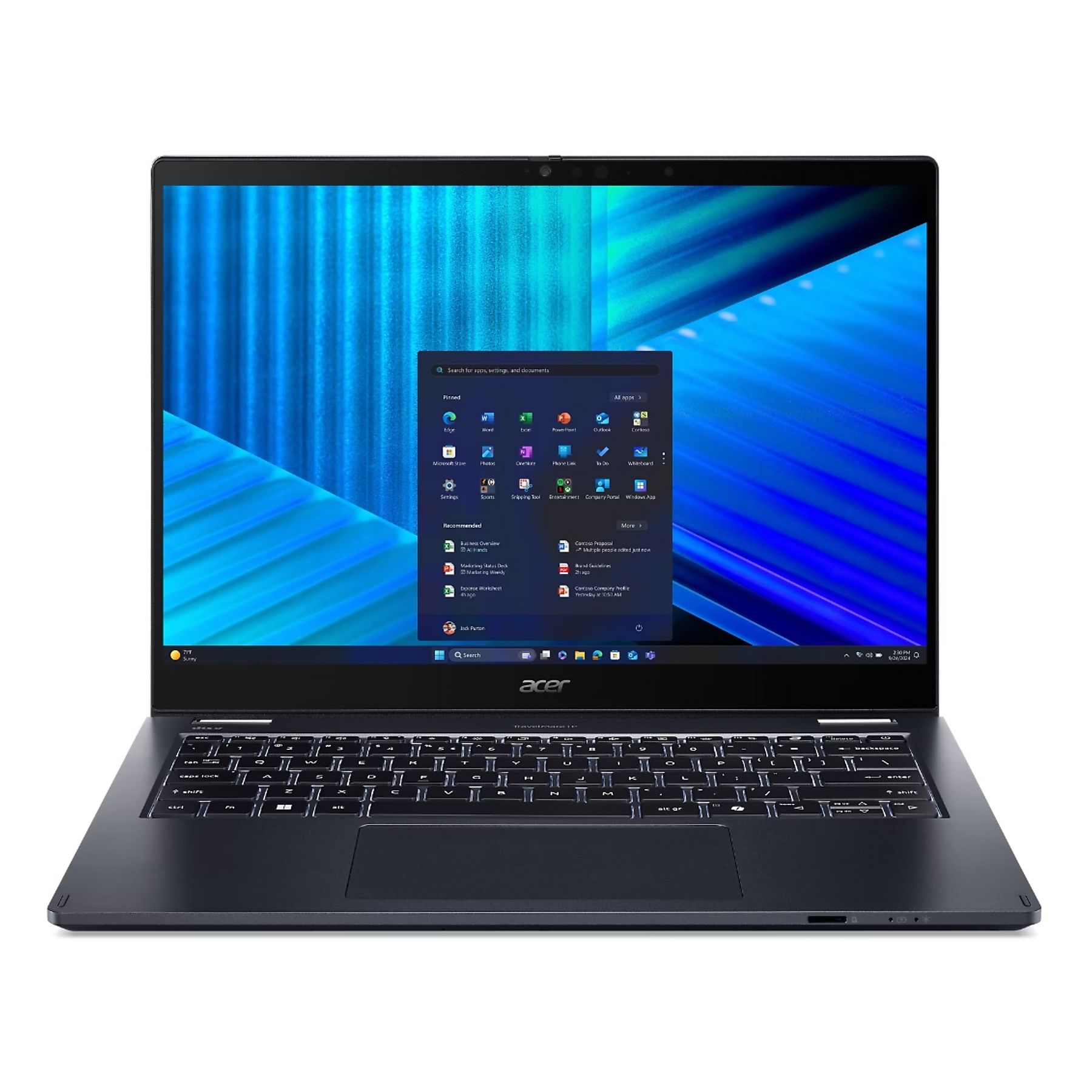 Un laptop è aperto, che mostra il menu Start di Windows. Ha una tastiera nera e uno schermo blu.