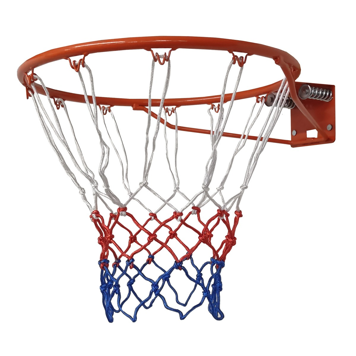 Een oranje basketbalring met een net. Het net is rood, wit en blauw. Het bord is oranje en bevestigd aan een veer.