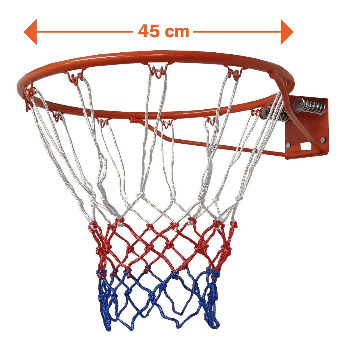 Een oranje basketbalring met een net. Het net heeft rode, witte en blauwe secties. De ring is 45 cm breed.
