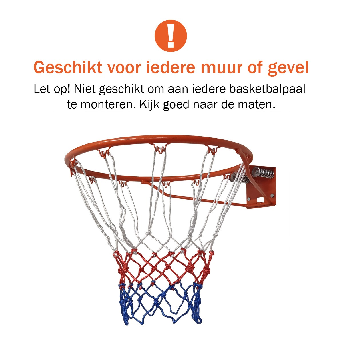 Een basketbalring met een rood en blauw net, oranje rand en montagebeugel. Witte achtergrond en tekst bovenaan.