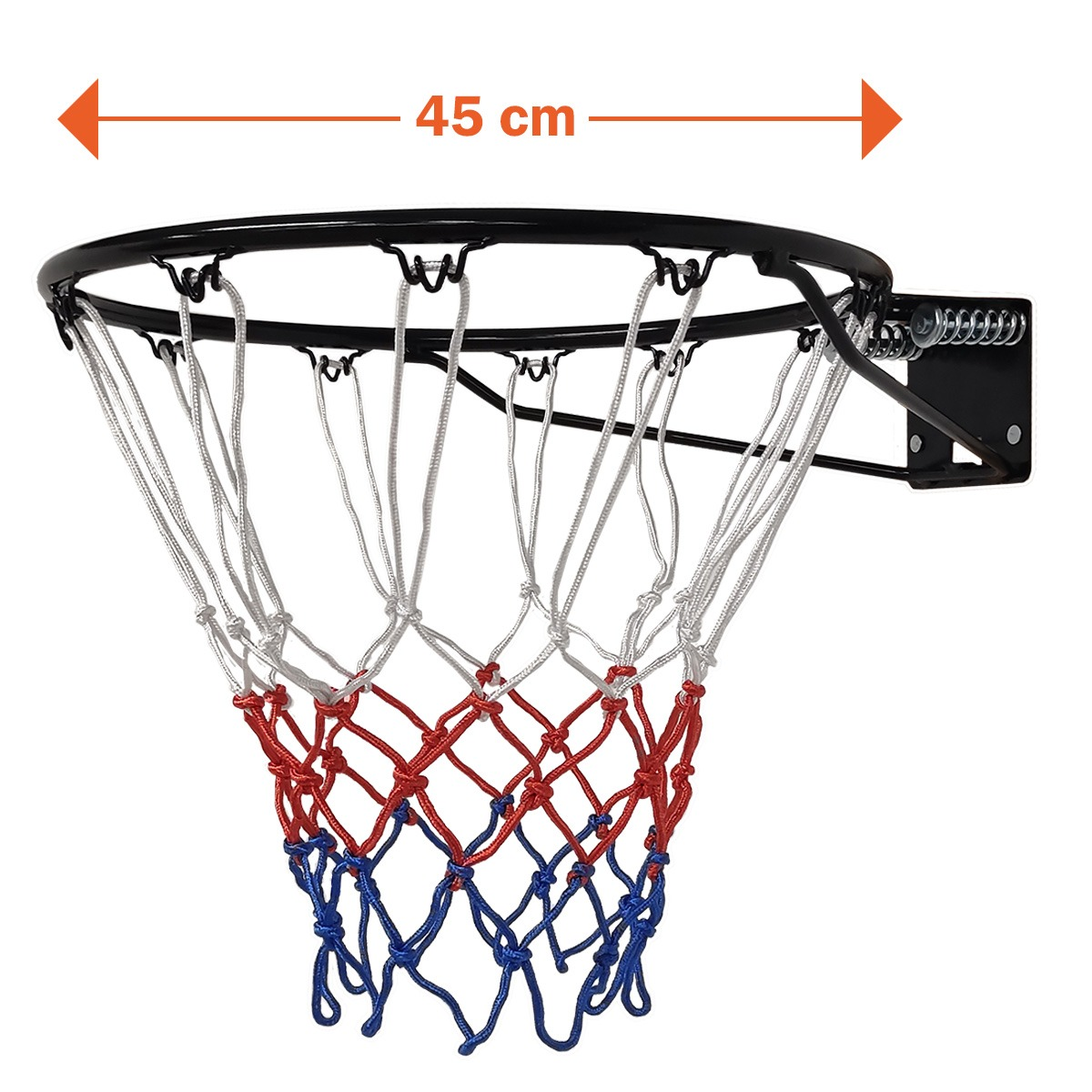 Een basketbalring met een zwarte rand, witte netkoordjes en een rood en blauw net. Boven staat een meting van 45 cm.