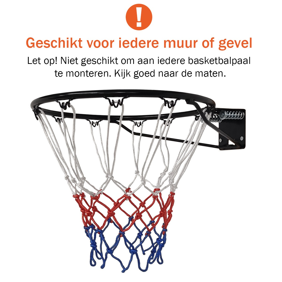 Basketbalring met zwarte rand, wit, rood en blauw net tegen een witte achtergrond.