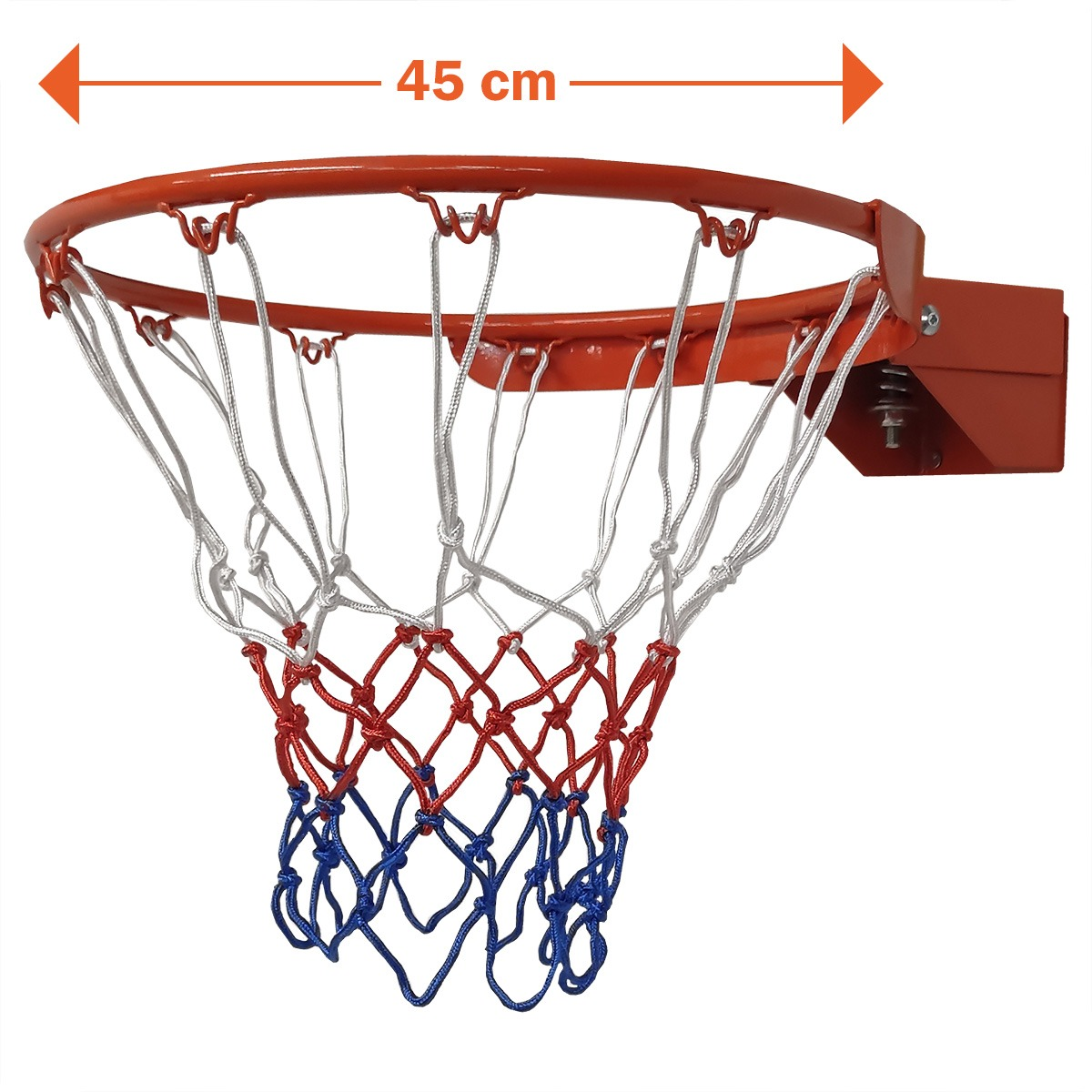 Een oranje basketbalring met een wit, rood en blauw net. De diameter is 45 cm. Hij is gemonteerd op een oranje metalen constructie.