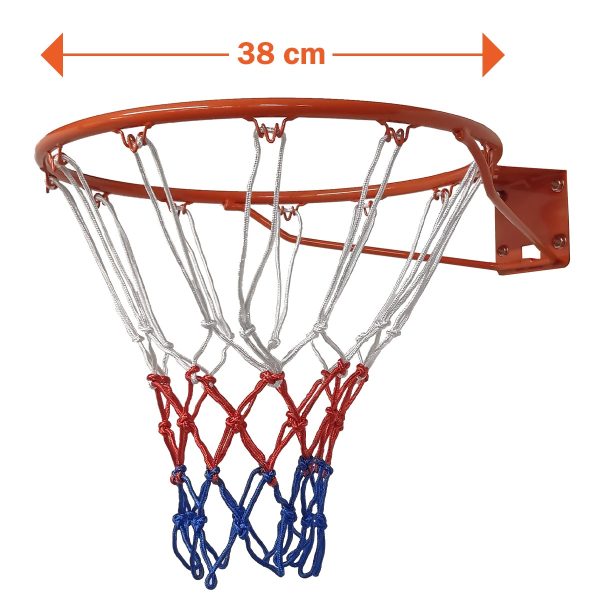 An orange basketball hoop with a net. The net has red, white, and blue sections. A 38 cm measurement is above the hoop.