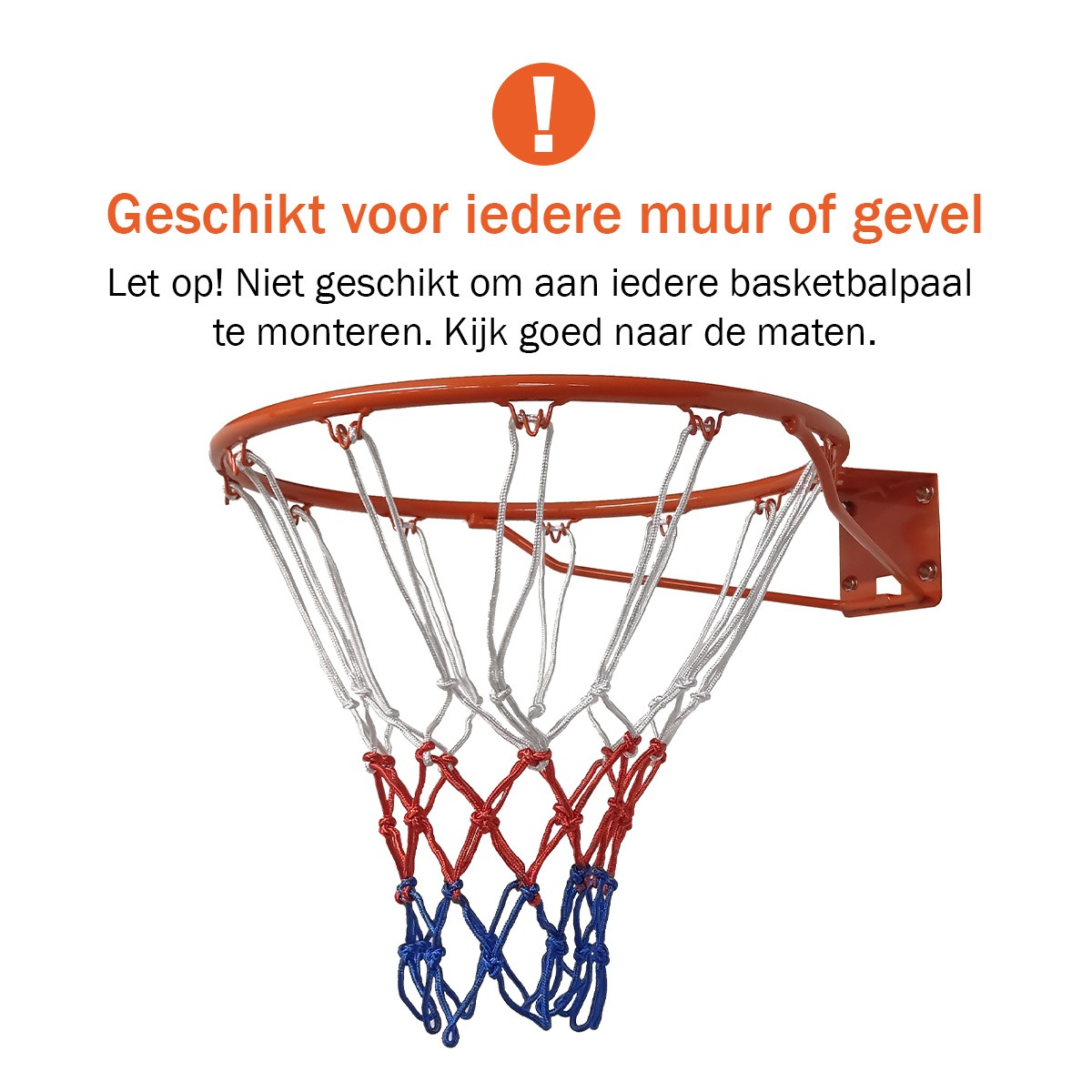 An orange basketball hoop with a red, white, and blue net is mounted on a white surface. An exclamation point is at the top.