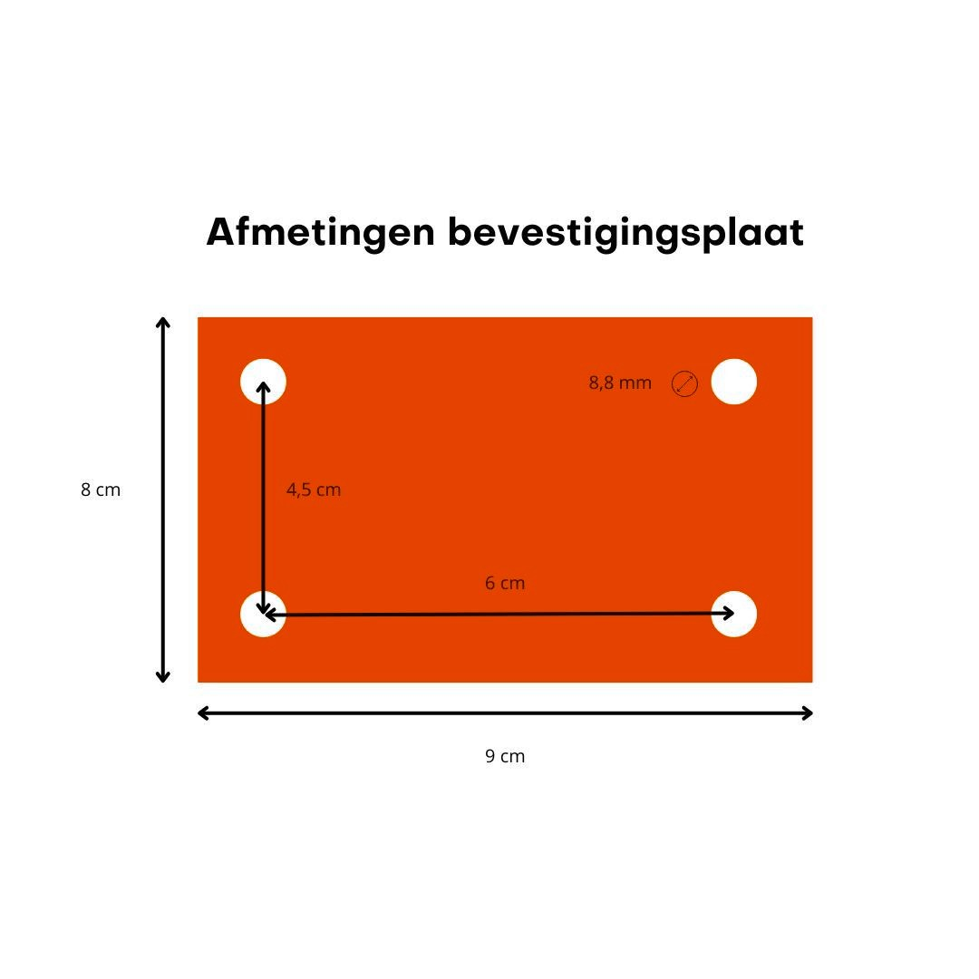 An orange rectangle with measurements. It has four white circles and dimensions labeled in centimeters and millimeters.
