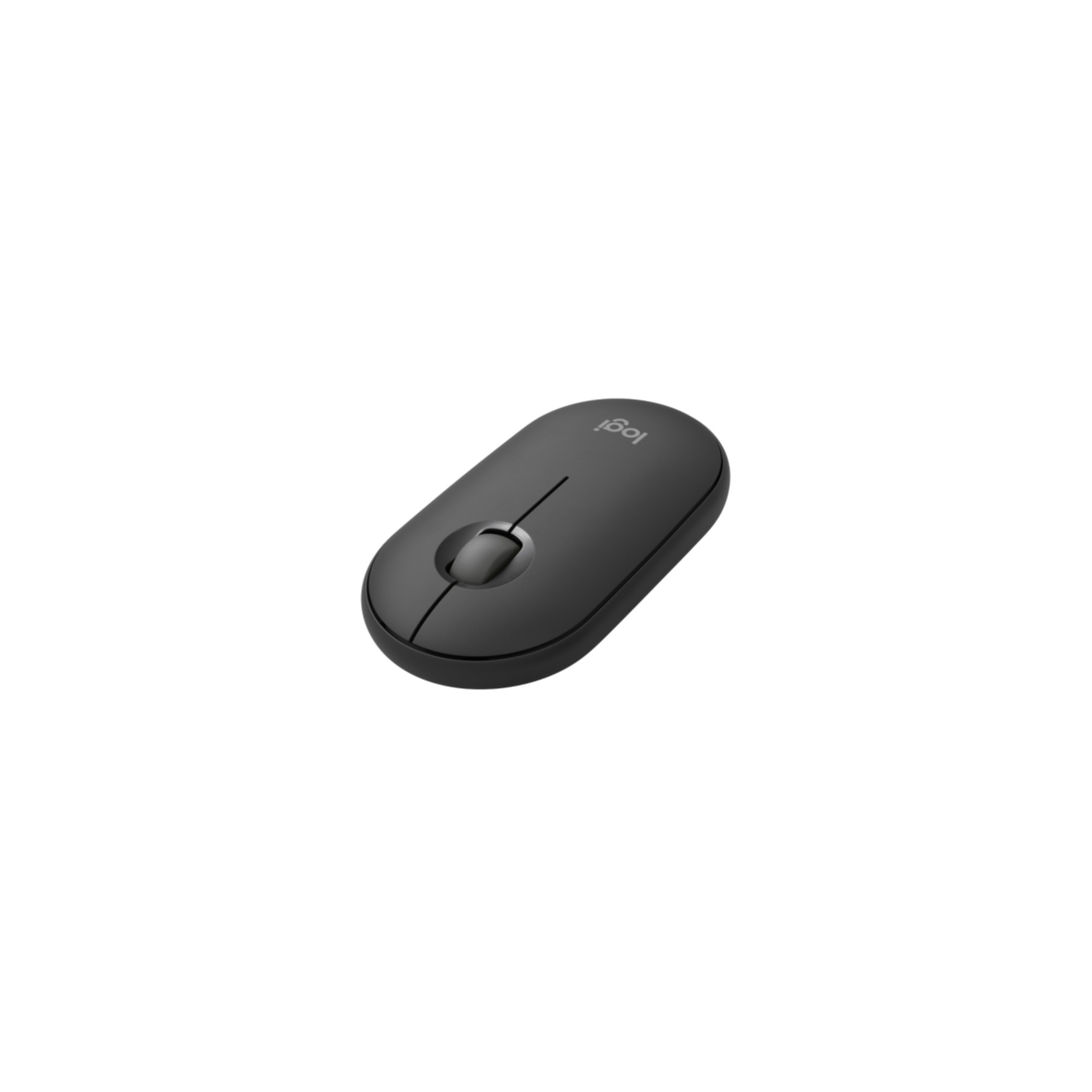 Un mouse wireless Logitech nero su sfondo bianco. Ha una rotella di scorrimento e due pulsanti.