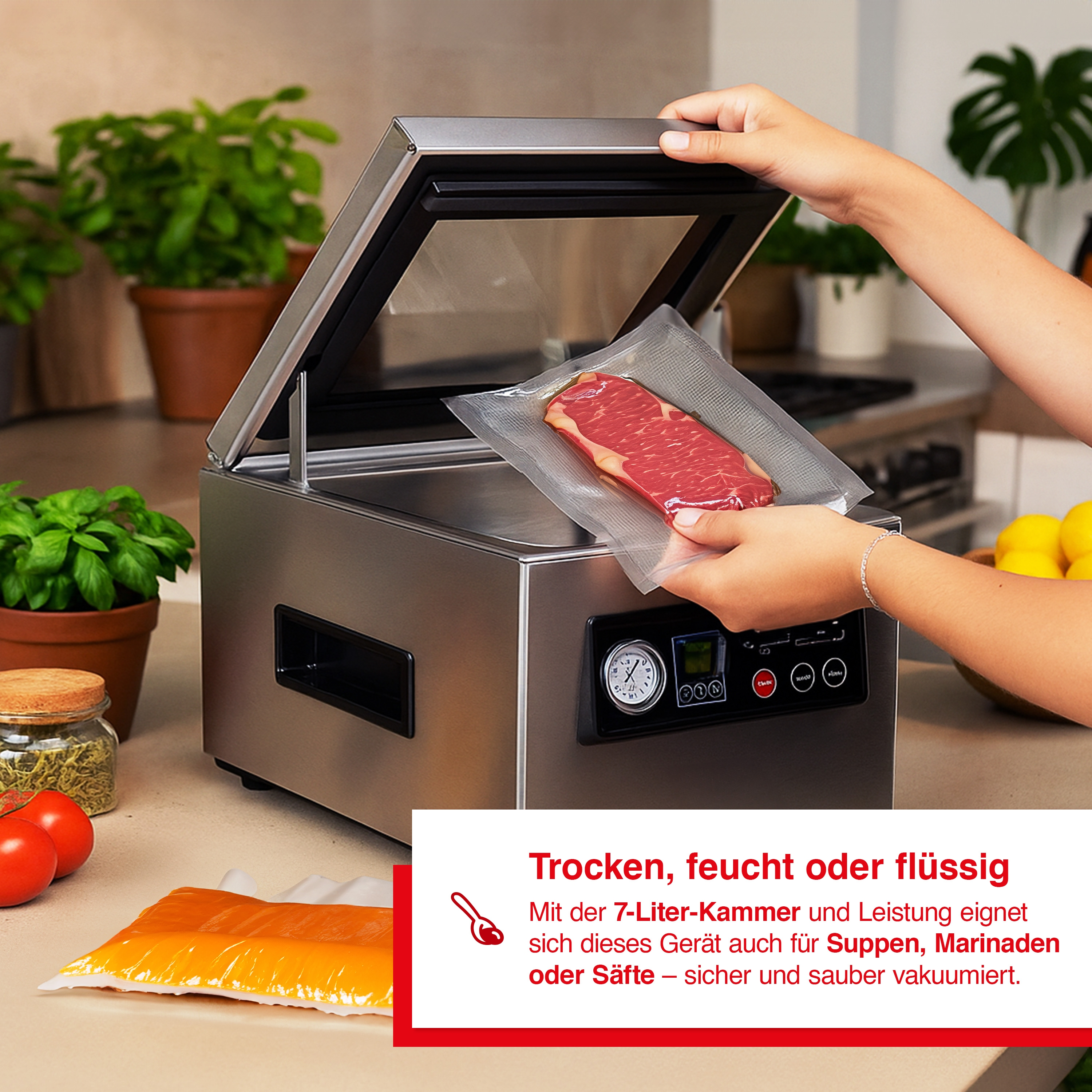 Eine Person legt ein vakuumversiegeltes Steak in ein silbernes Vakuumiergerät. Weitere Gegenstände sind Tomaten und Pflanzen.
