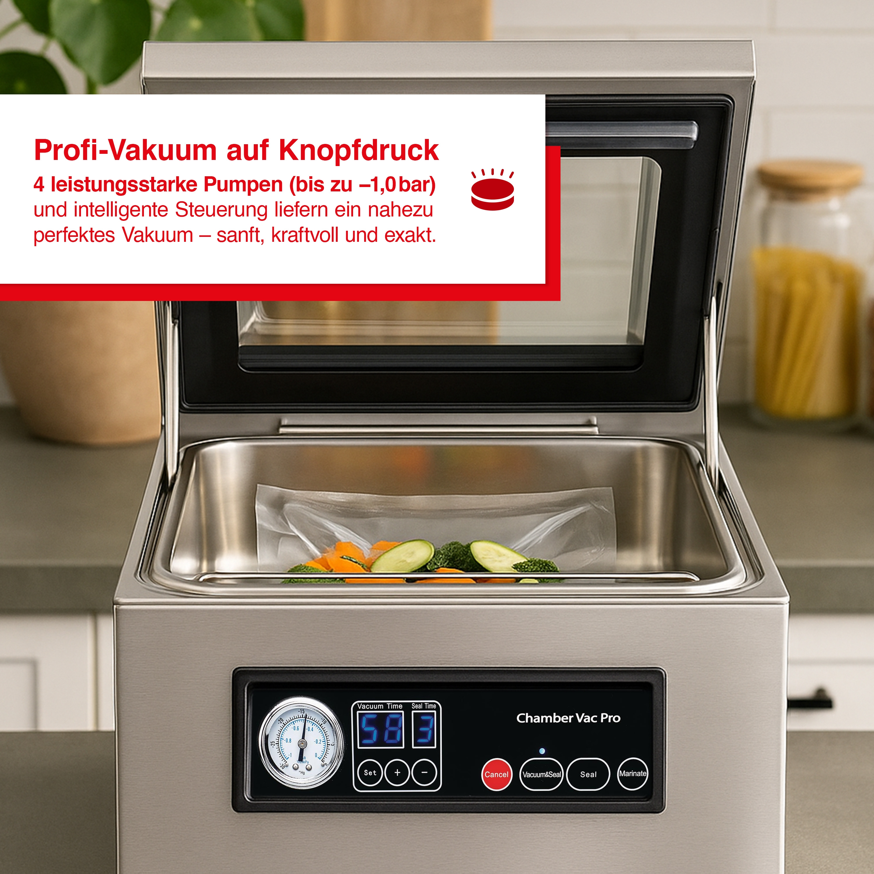Eine Vakuummaschine mit Gemüse darin. Es hat eine Digitalanzeige und Knöpfe. Text-Overlay auf Deutsch.