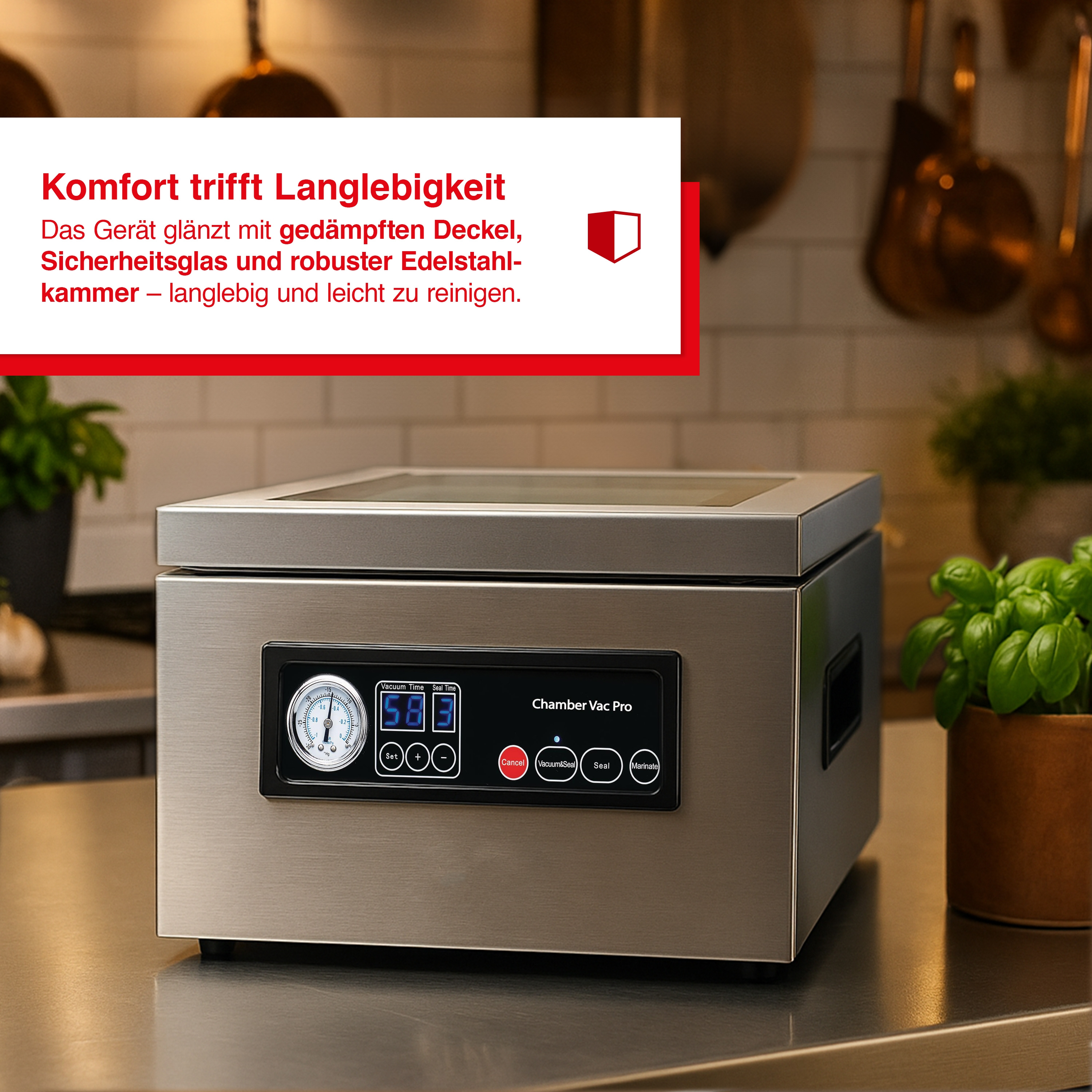 Ein Edelstahl-Vakuumierer. Er hat ein Digitaldisplay, Tasten und ein Messgerät. Rechts steht eine Topfpflanze.