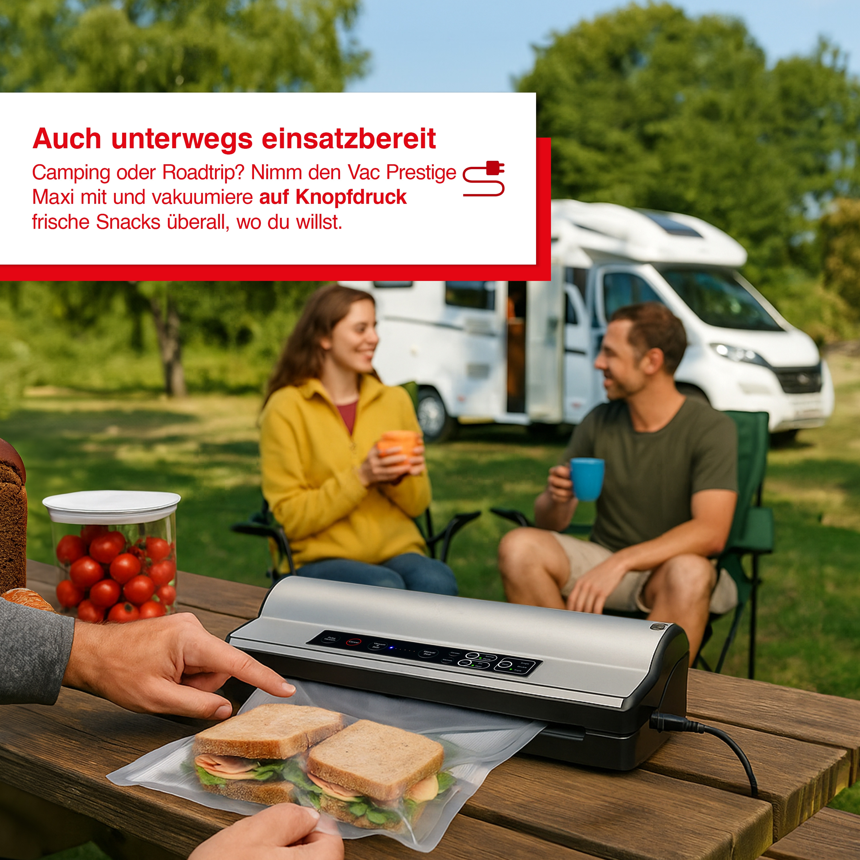 Eine Person verwendet einen Vakuumierer mit Sandwiches. Im Hintergrund entspannen sich Menschen in der Nähe eines Wohnmobils. Tomaten sind sichtbar.
