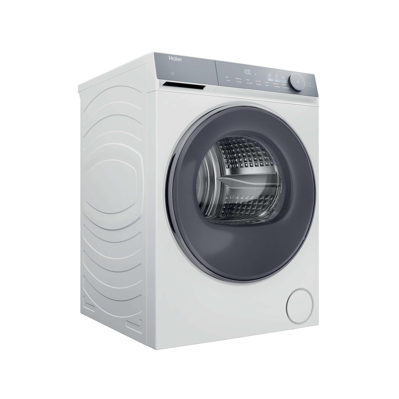 Una lavatrice Haier bianca. Ha una porta e un pannello di controllo grigio scuro. La porta è rotonda, con una finestra trasparente al centro.