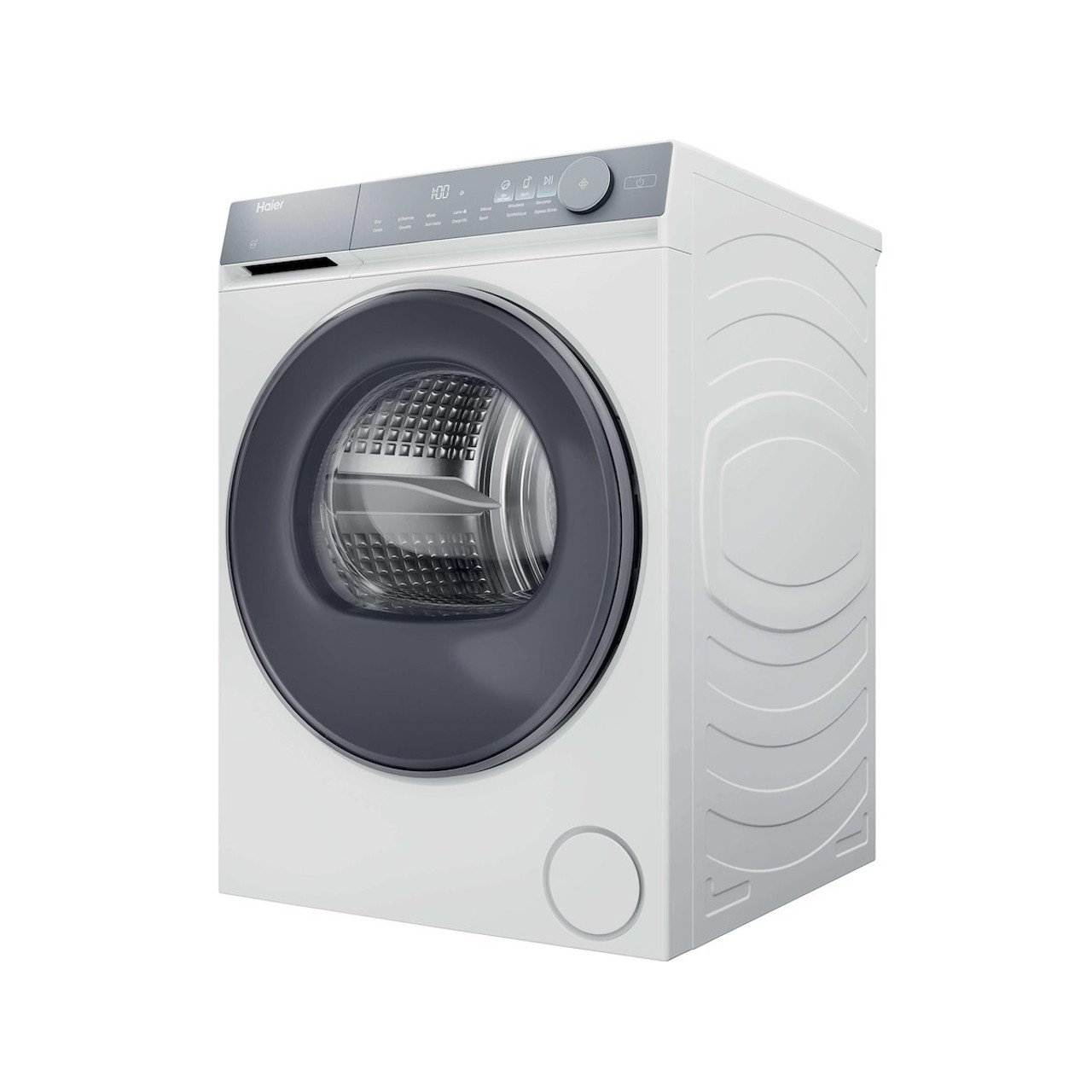 Una lavatrice Haier bianca. Ha una porta e un pannello di controllo grigio scuro. La macchina è su sfondo bianco.