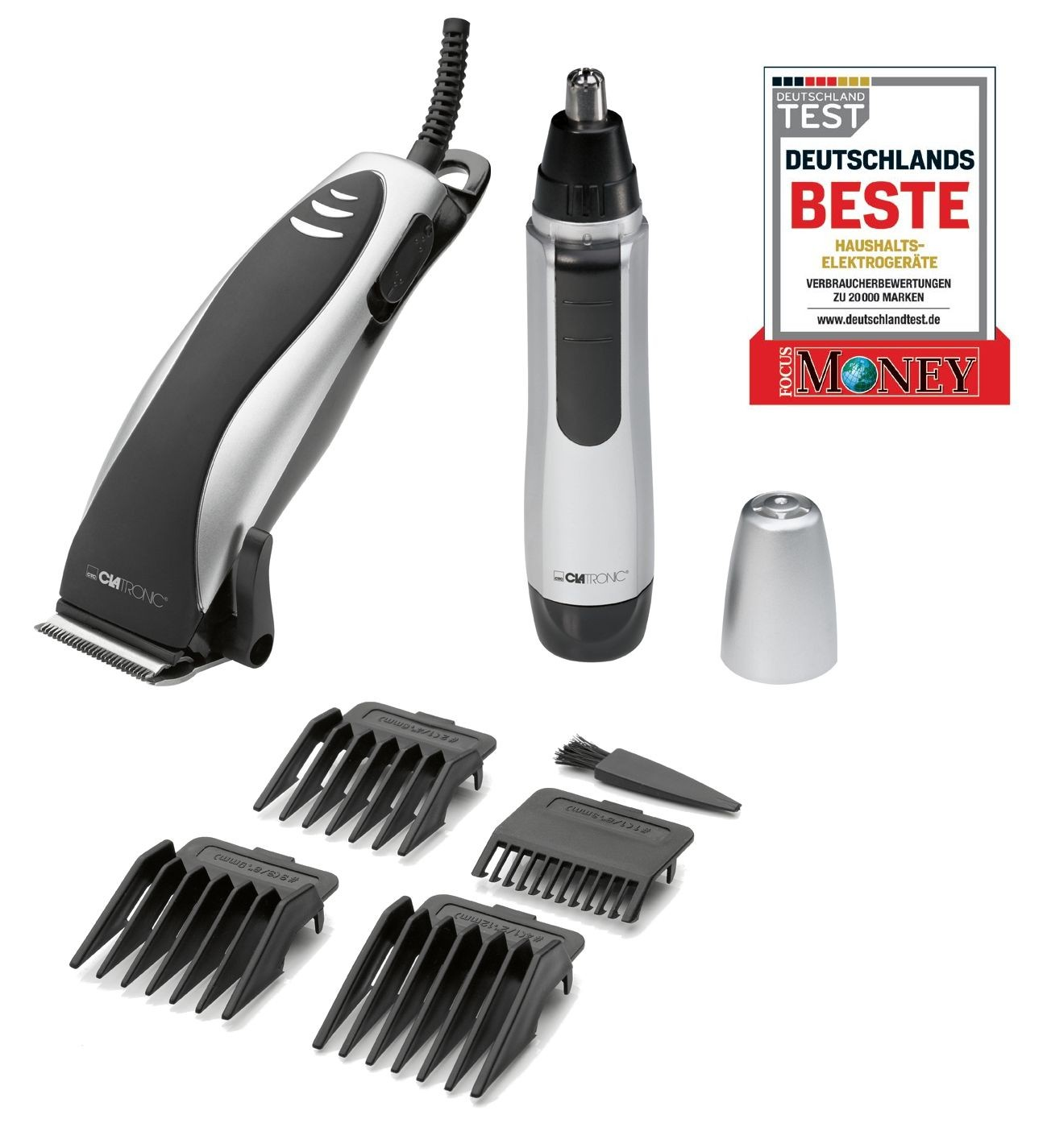 Un set di taglia capelli e rifinitore elettrico. Include tagliacapelli, un tagliacapelli per naso, accessori e una spazzola per la pulizia. Un premio di prova è visibile.