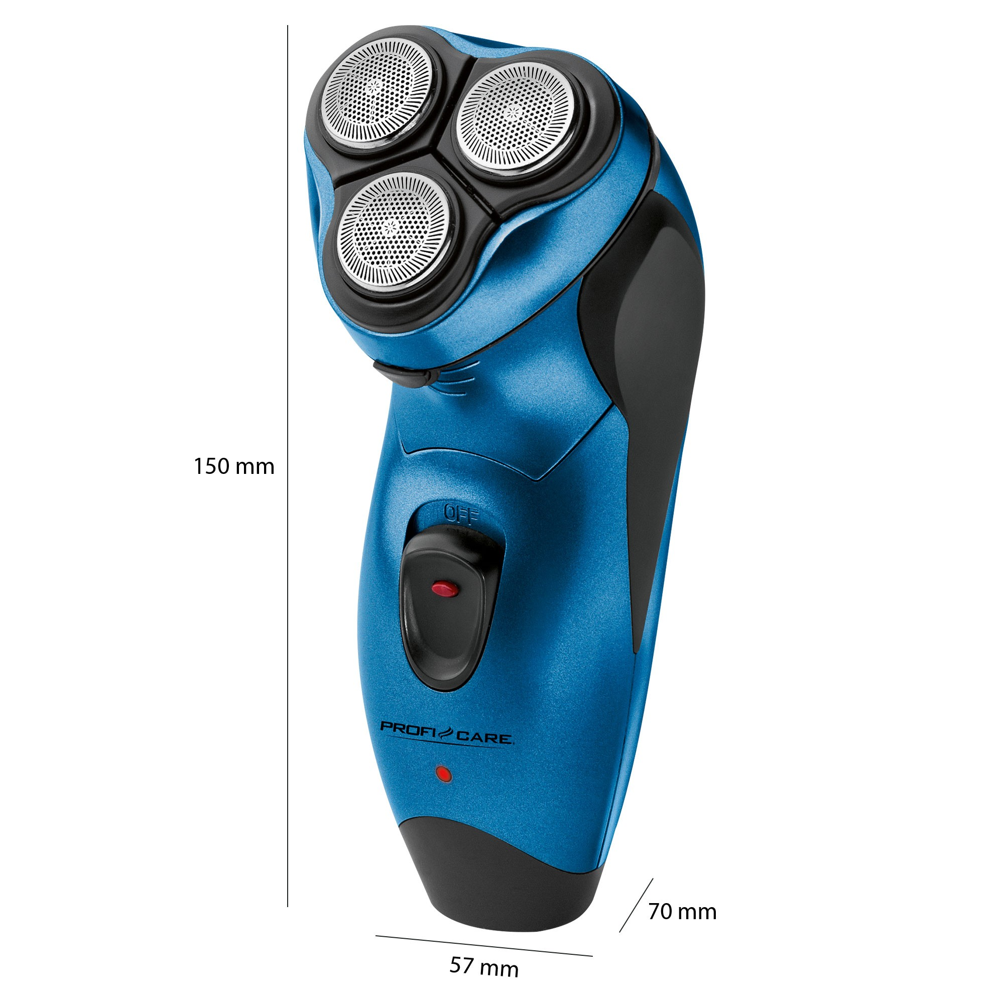 Niebieska golarka elektryczna z trzema głowicami, przyciskiem zasilania i marką 'PROFI CARE'.