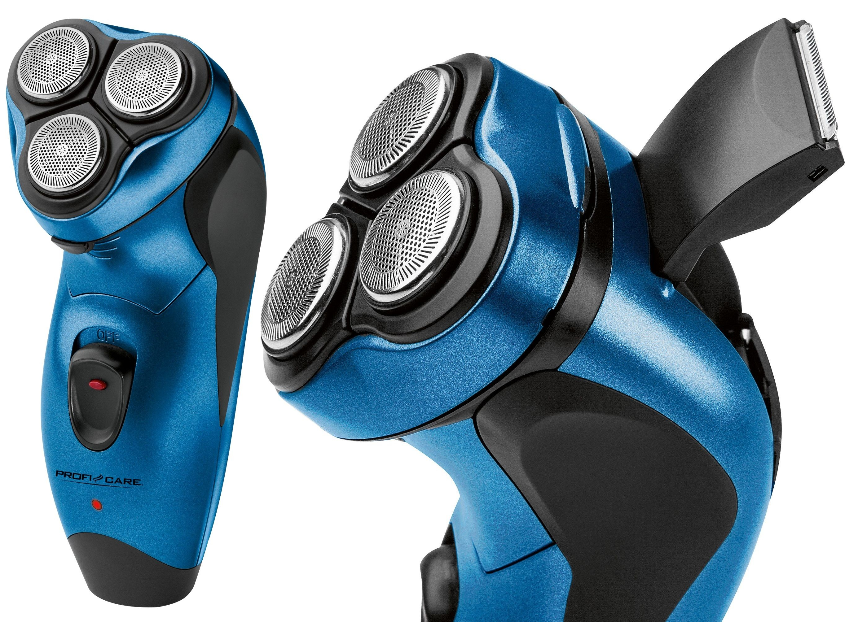 Niebiesko-czarna golarka elektryczna z trzema obrotowymi głowicami i wysuwanym trymerem.