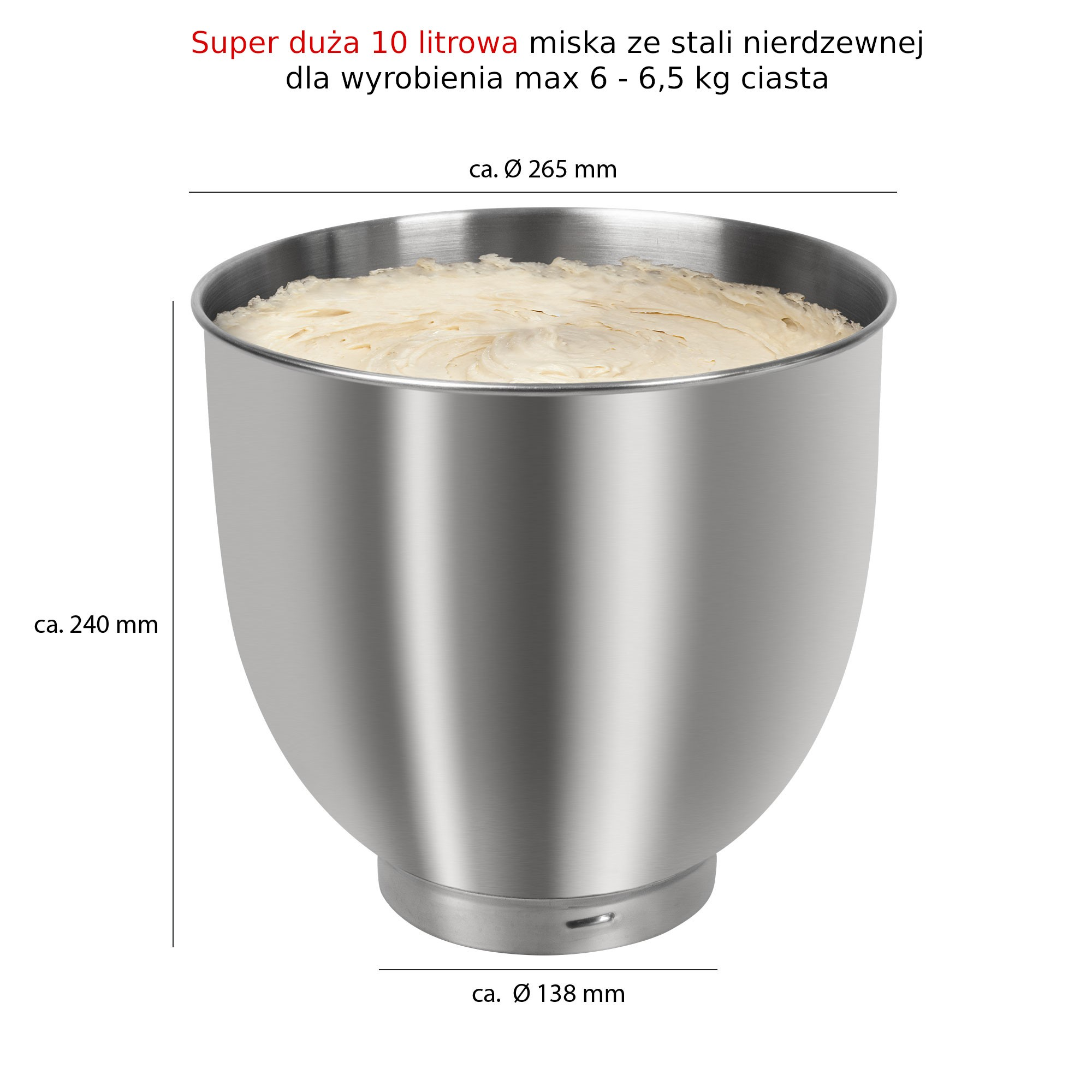 Duża miska ze stali nierdzewnej wypełniona ciastem. Wymiary są wyświetlane z oznaczonymi pomiarami.