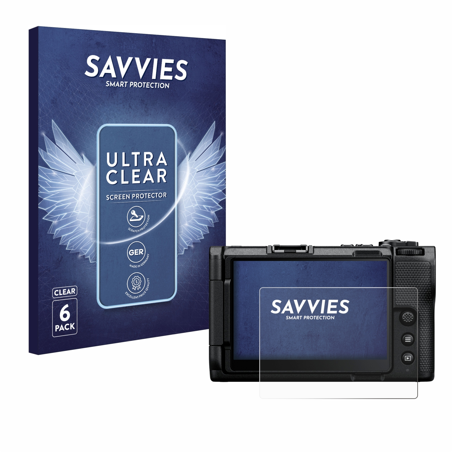 Eine Displayschutzfolien-Box mit einer Kamera. Auf der Box steht Savvies, Ultra Clear, und die Kamera hat eine Folie auf dem Bildschirm.