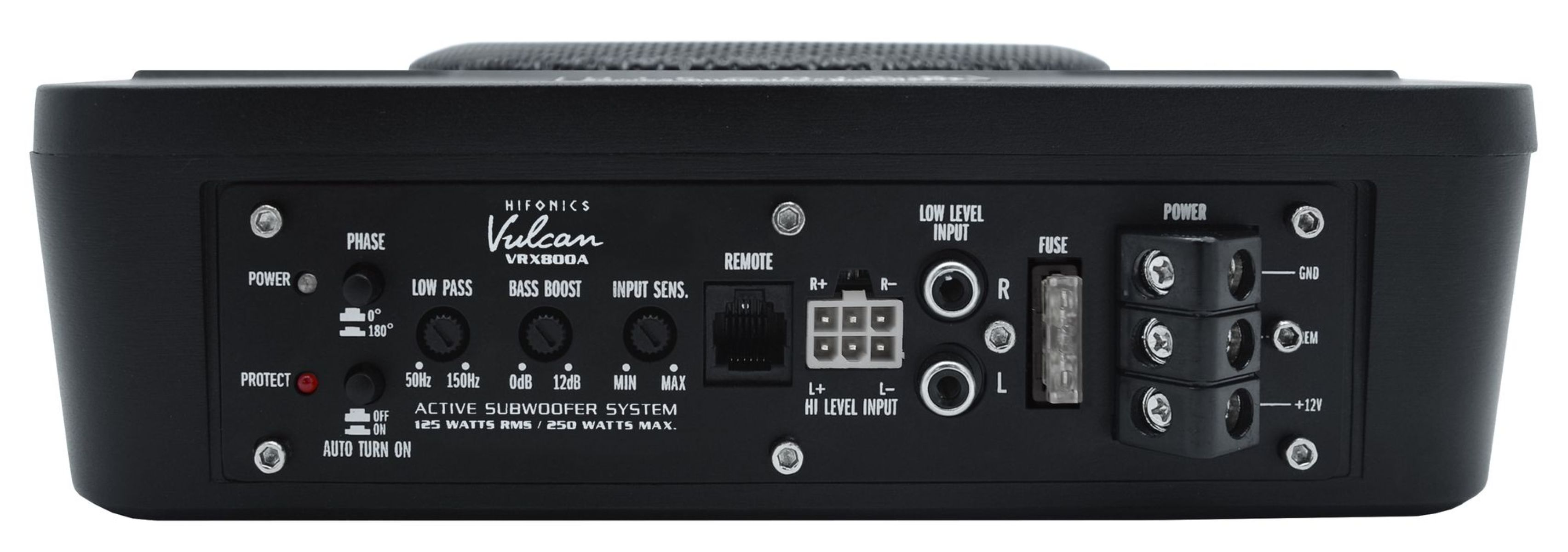 Ein schwarzer Auto-Audio-Verstärker mit verschiedenen Ein-/Ausgängen und Reglern. Text enthält die Marke 'Hifonics' und das Modell 'Vulcan'.