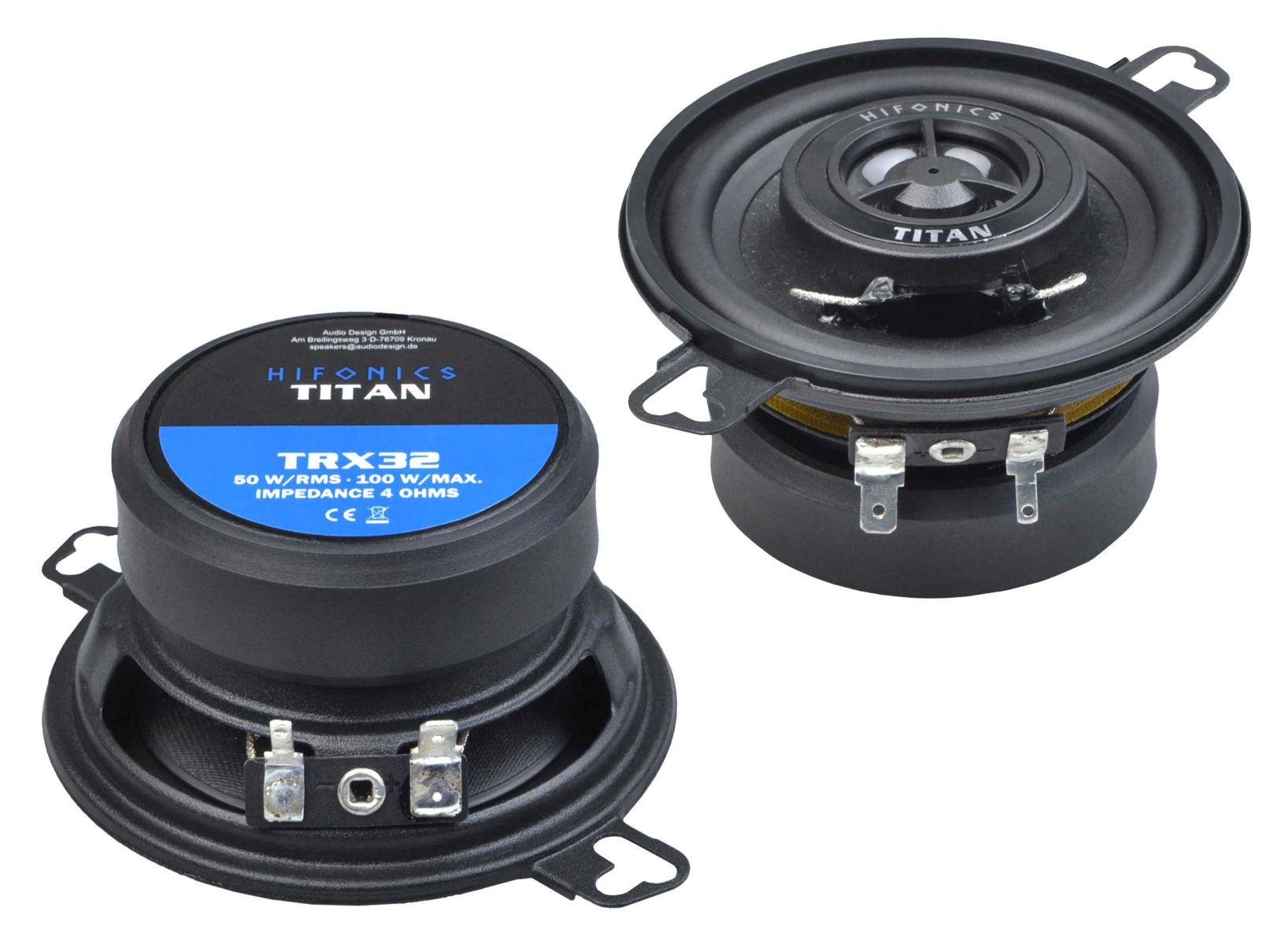 Zwei schwarze HiFonics Titan TRX32-Lautsprecher. Einer ist aufrecht, der andere abgewinkelt. Text darauf: 50 W/RMS-100 W/MAX. IMPEDANCE 4 OHMS.