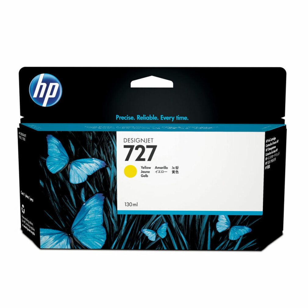 Scatola cartuccia inchiostro HP DesignJet 727. Presenta farfalle e testo. Contiene inchiostro giallo. Schema di colori nero e blu.