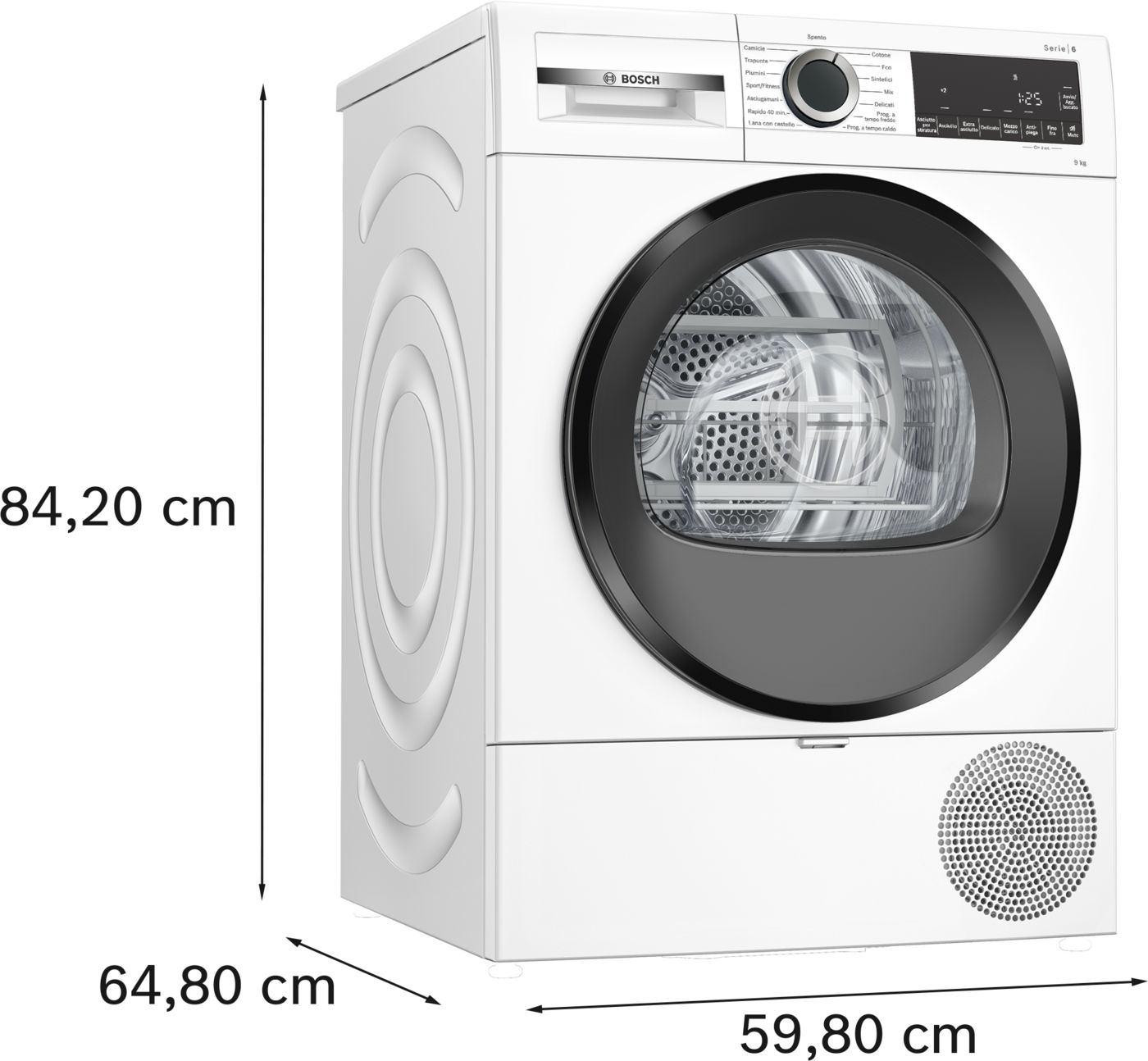 Un'asciugatrice Bosch bianca con telaio porta nero. Dimensioni: altezza 84,20 cm, larghezza 59,80 cm e profondità 64,80 cm.