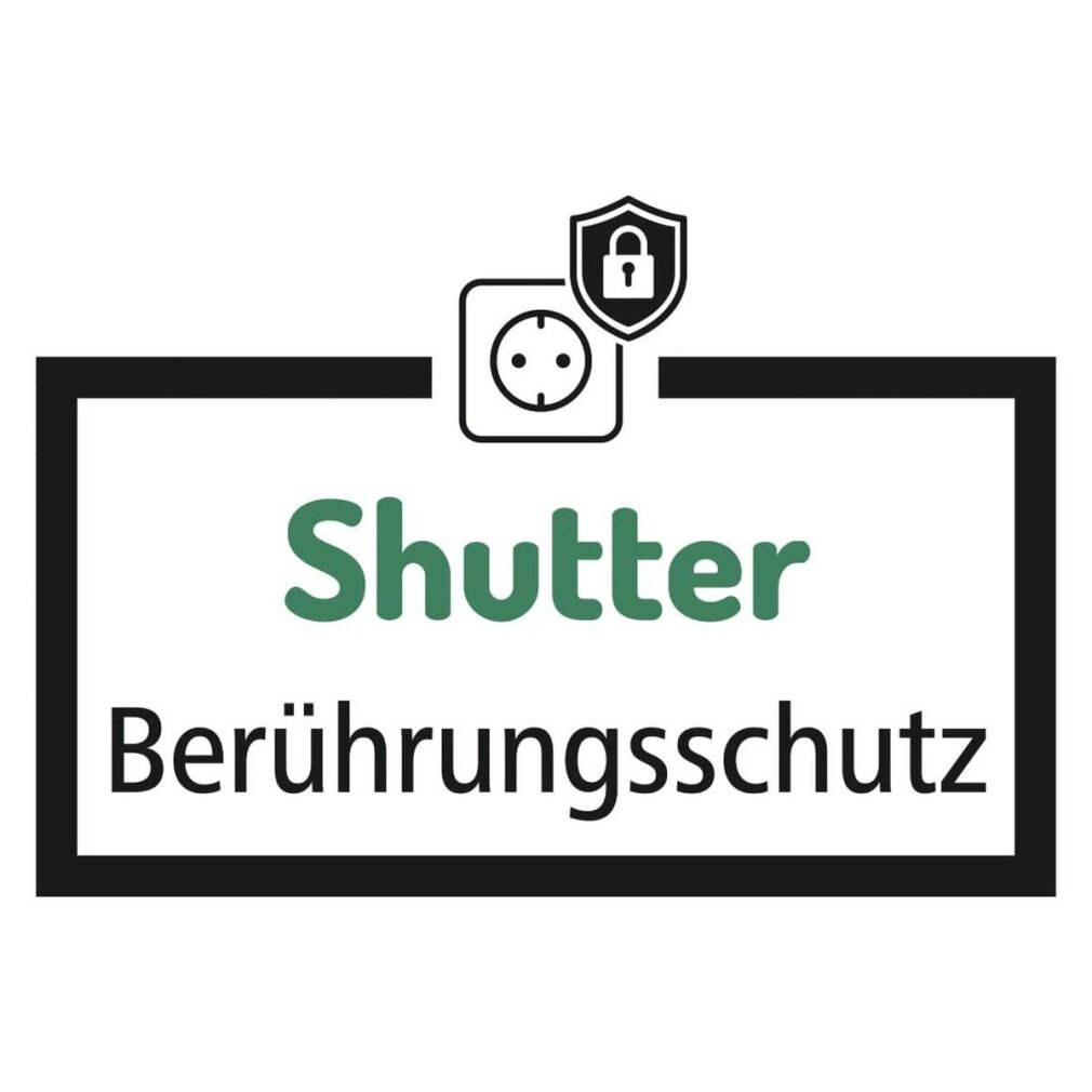 Weißer Hintergrund mit schwarzem Rahmen. Der Text 'Shutter Berührungsschutz' wird mit Symbolen von Stecker und Schloss angezeigt.