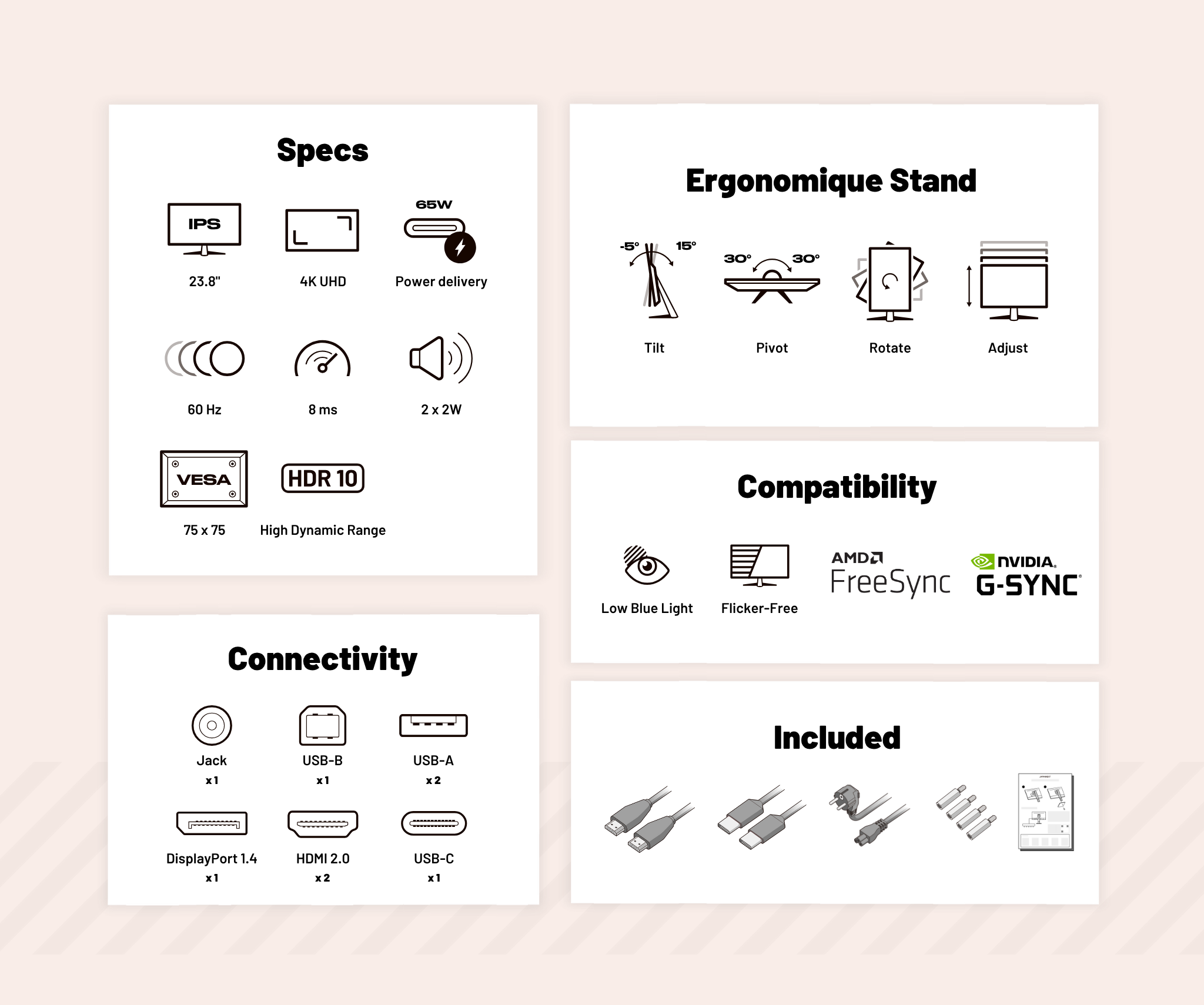 La imagen muestra especificaciones del monitor, conectividad y accesorios incluidos, con funciones de soporte ergonómico y logotipos de compatibilidad.