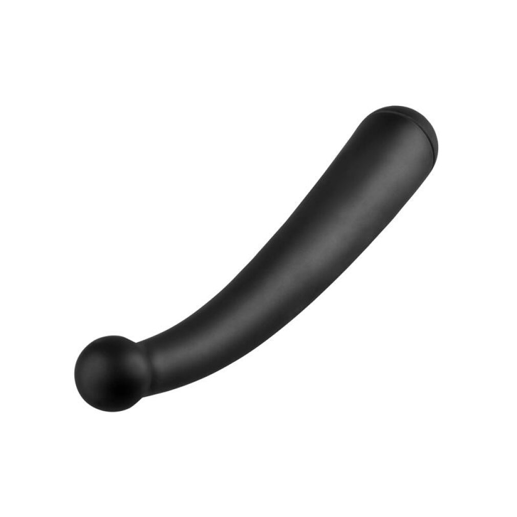 Ein schwarzes, gebogenes Sexspielzeug ist vor weißem Hintergrund isoliert. Es hat einen abgerundeten Kopf, einen gebogenen Körper und eine kugelförmige Basis.