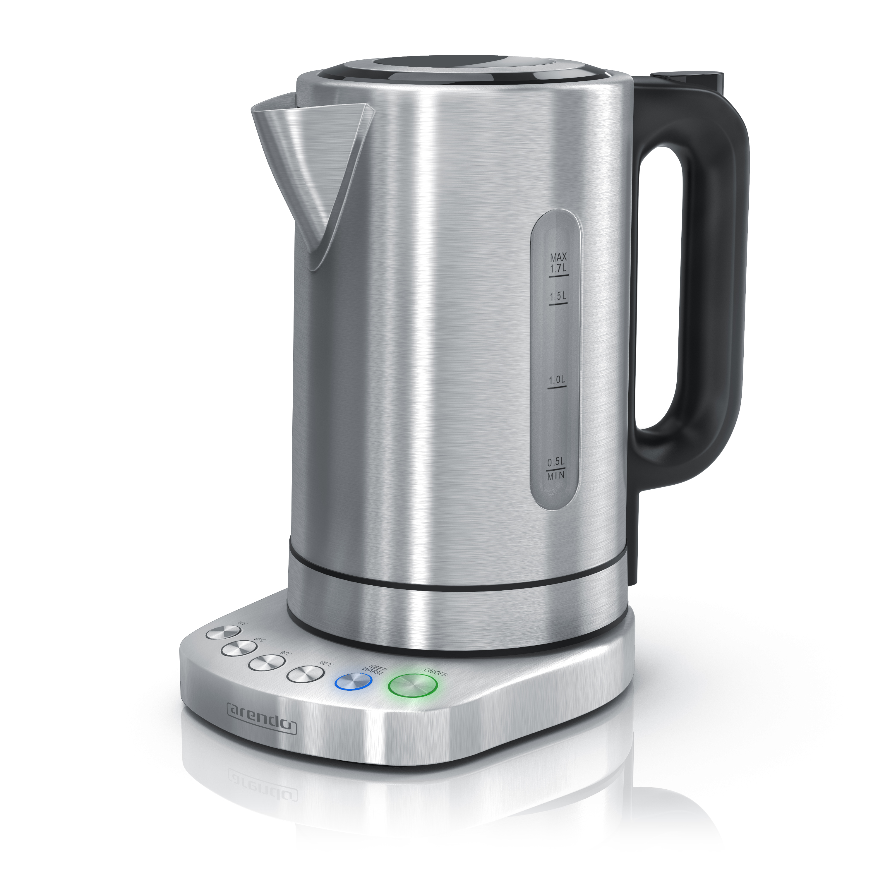 Ein metallischer Wasserkocher auf einem Sockel mit Knöpfen. Er hat einen schwarzen Griff und eine Wasserstandsanzeige.