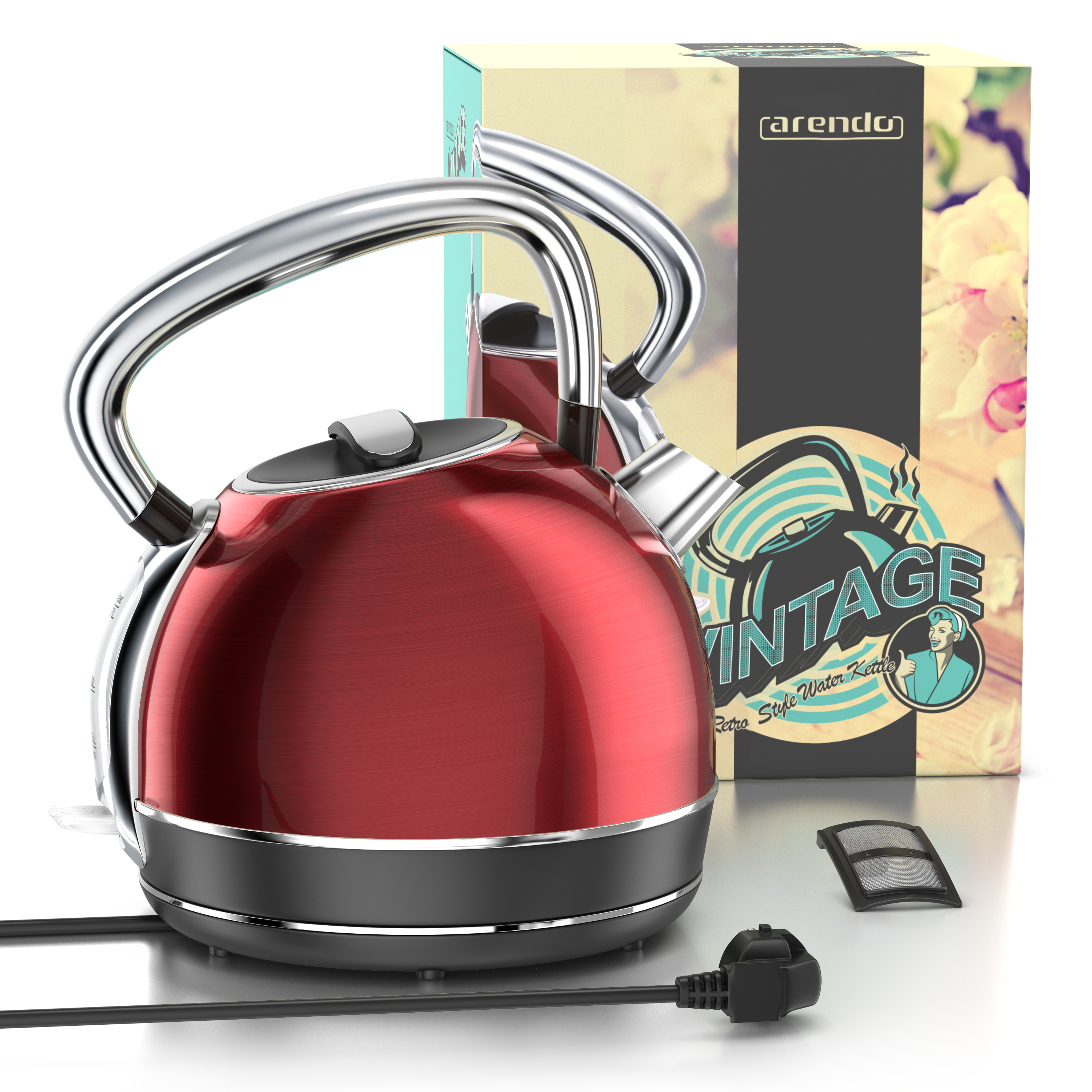 Ein roter Wasserkocher mit schwarzem Sockel und eine Schachtel mit Retro-Design auf weißer Oberfläche.